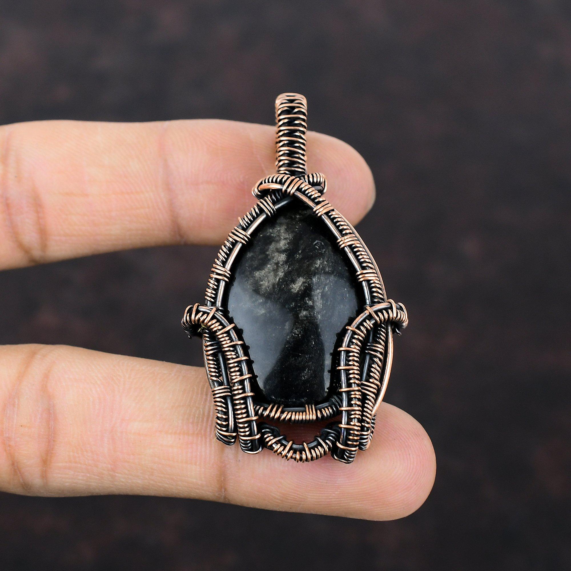 Silver Sheen Obsidian Pendant Copper Wire Wrapped Pendant Unique Pendant Gemstone Copper Jewelry Handmade Pendant Boho Jewelry Gift For Him