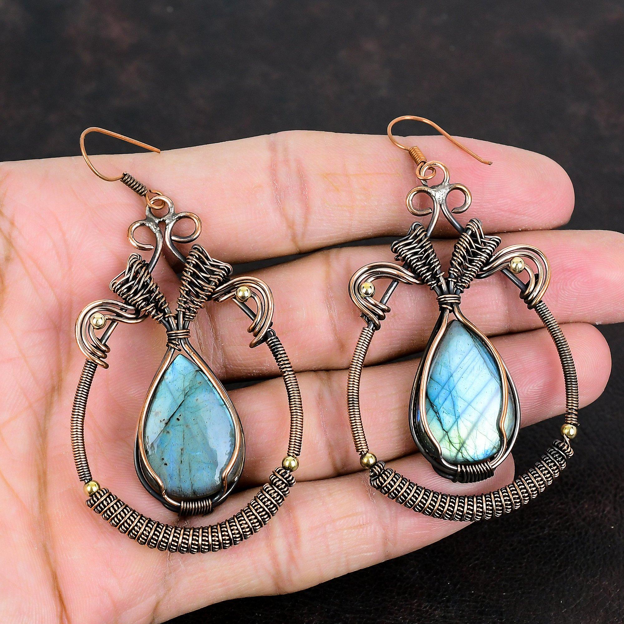 Labradorite Earring Copper Wire Wrapped Earring Gemstone Earrings Labradorite Copper Jewelry Anniversary Gifts Handmade Wire Wrapped Jewelry