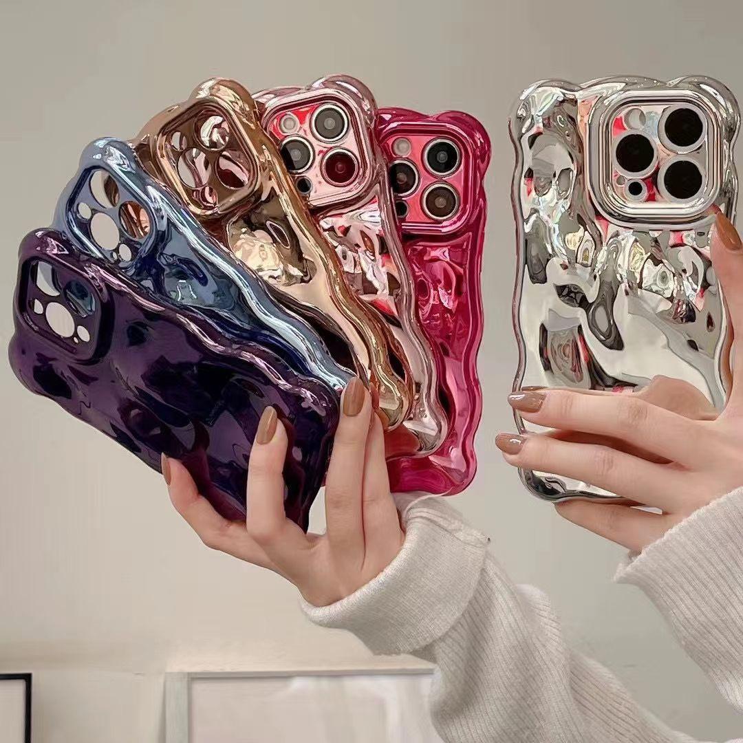 Luxury Plating Wrinkle Wavy Curly Edge Phone Case For iPhone 15 12 13 14 ProMax 3D Unevenness Soft Camera Protection Cover Electroplated Bubble Wave