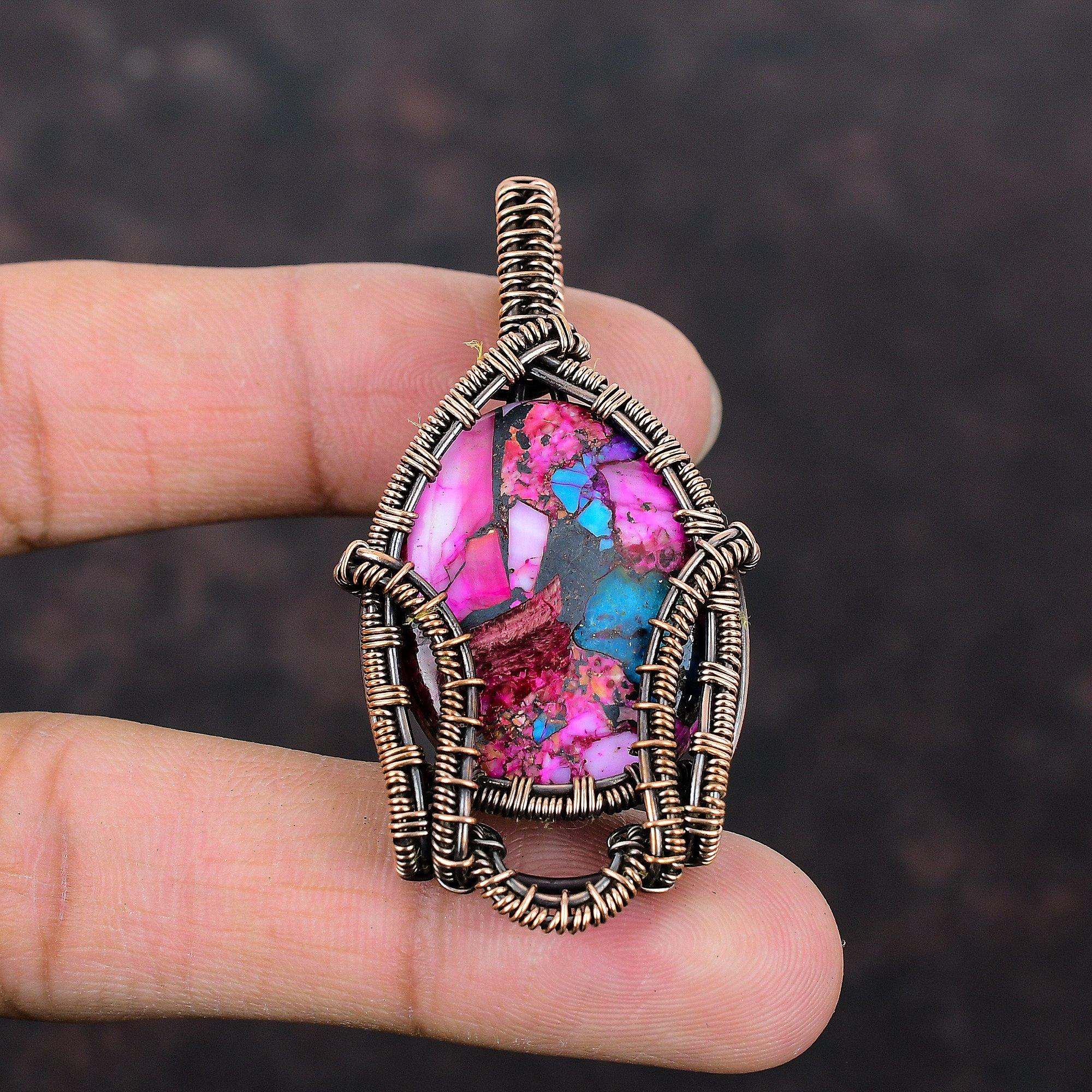 Natural Kingman Pink Dahlia Turquoise Pendant Copper Wire Wrapped Pendant Gemstone Pendant Copper Wire Jewelry Handmade Pendant Wedding Gift