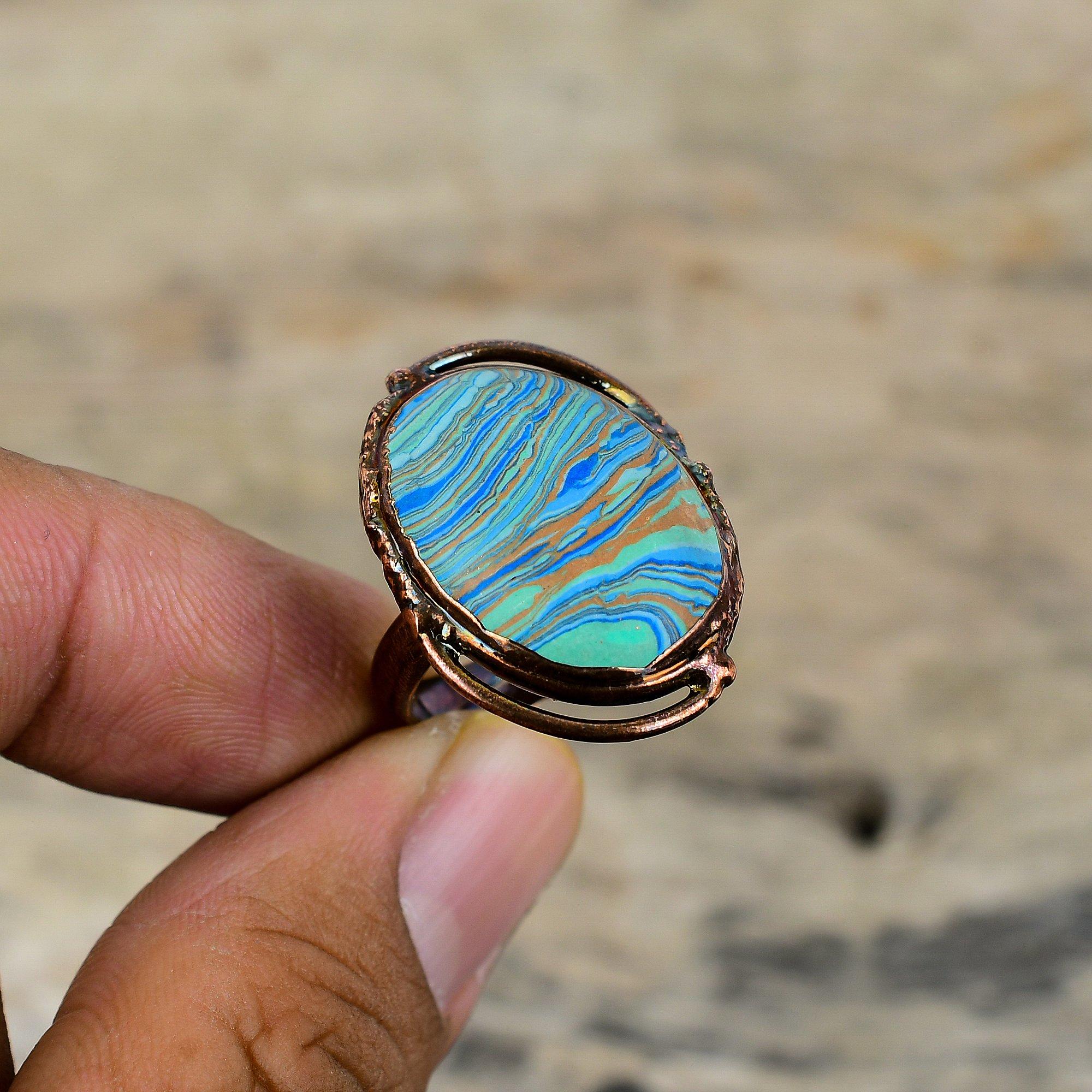 Rainbow Calsilica Ring Electroformed Copper Ring Adjustable Rings Handmade Electroformed Jewelry Designer Ring Gemstone Ring Gift For Mother