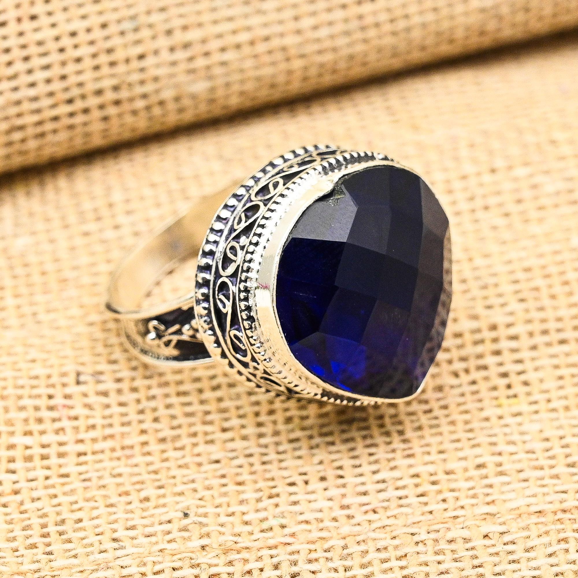 Unique Blue Sapphire Gemstone Handmade 925 Sterling Silver Heart Shape Jewelry Ring