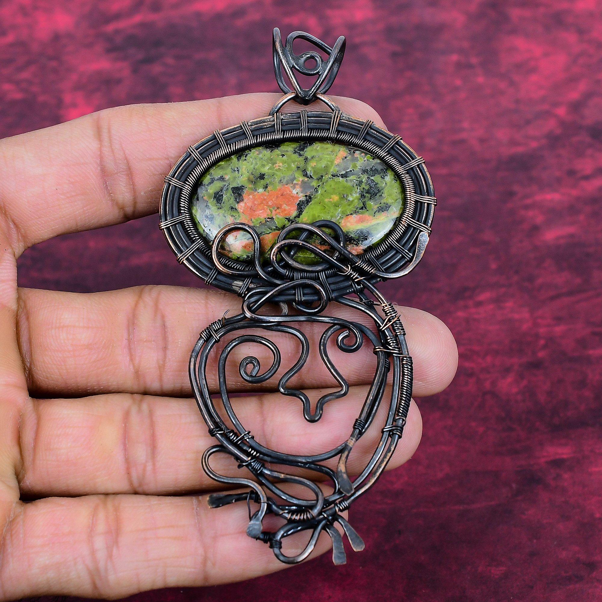 Unakite Gemstone Pendant Copper Wire Wrapped Pendant Handmade Brand New Jewelry