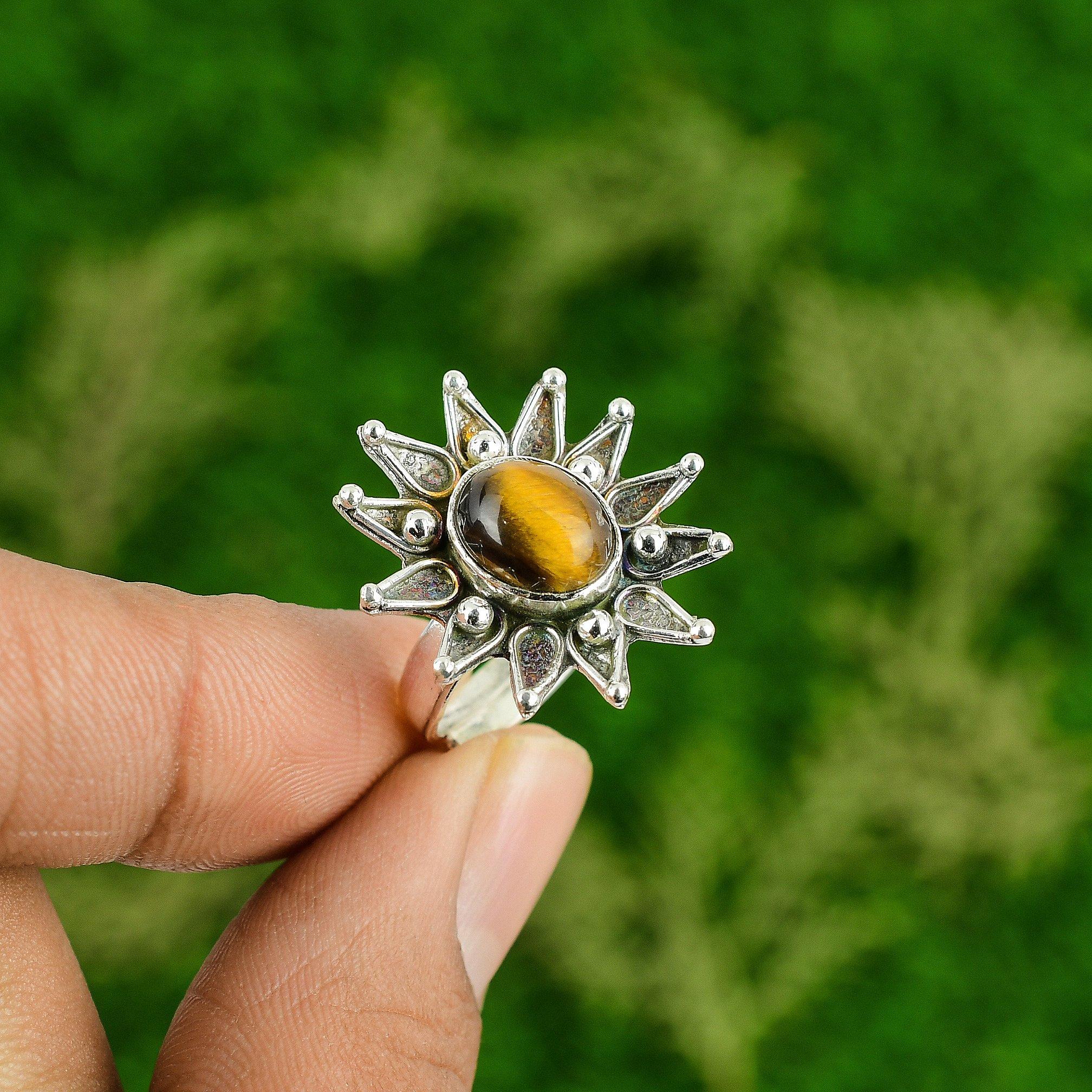 Natural Tiger'S Eye Multi Stone Flower Adjustable Ring 925 Silver For Girls