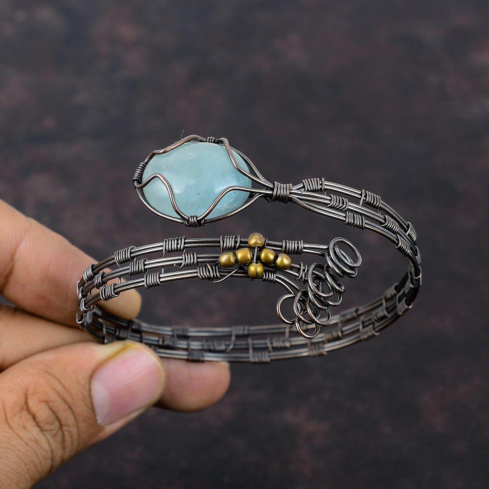 Aquamarine Bangle Copper Wire Wrapped Adjustable Cuff Bracelet Handmade Gemstone Bangle Aquamarine Copper Jewelry Gift For Mom Wire Jewelry