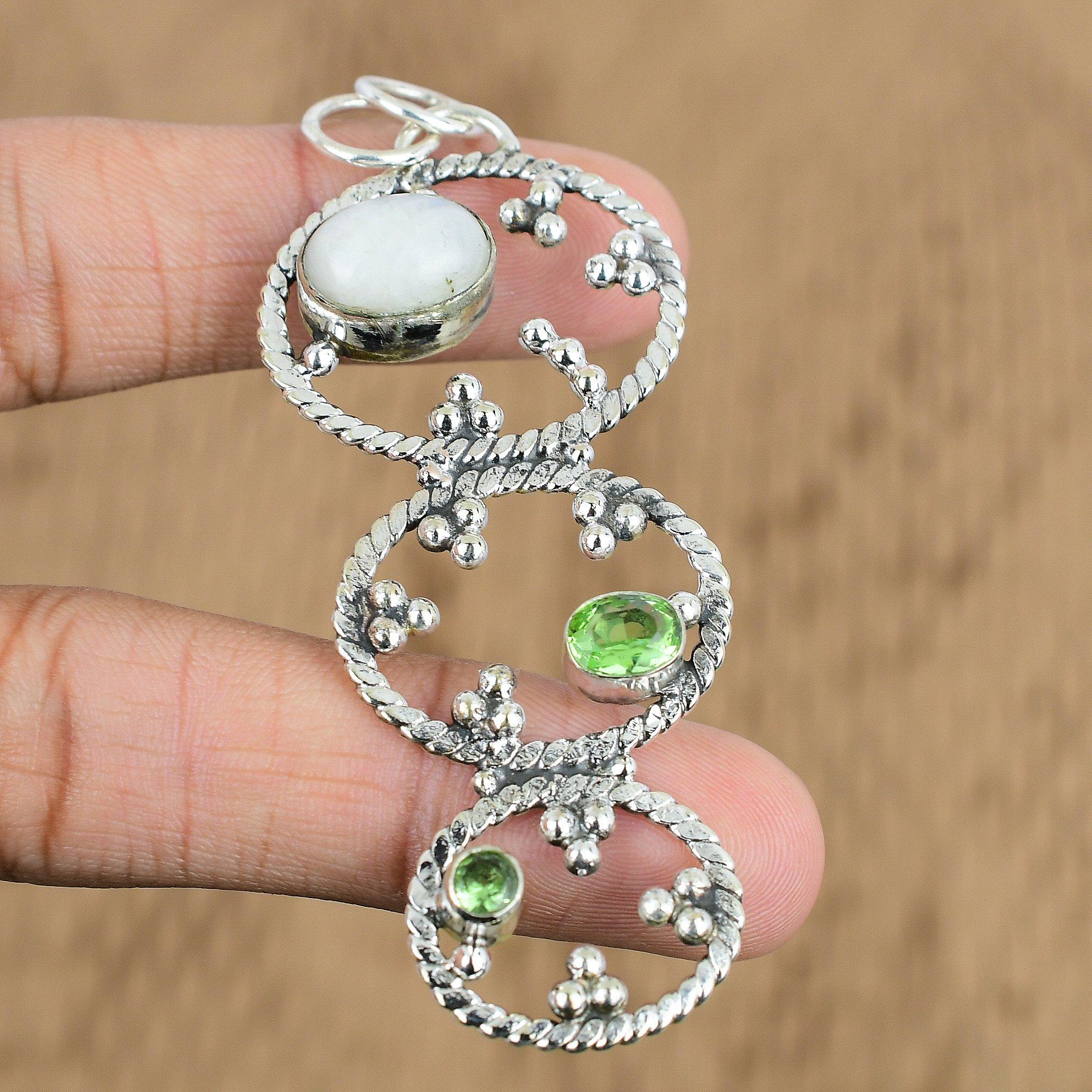 Mothers Day Sale Rainbow Moonstone Stone Peridot Sterling Silver Pendant Jewelry