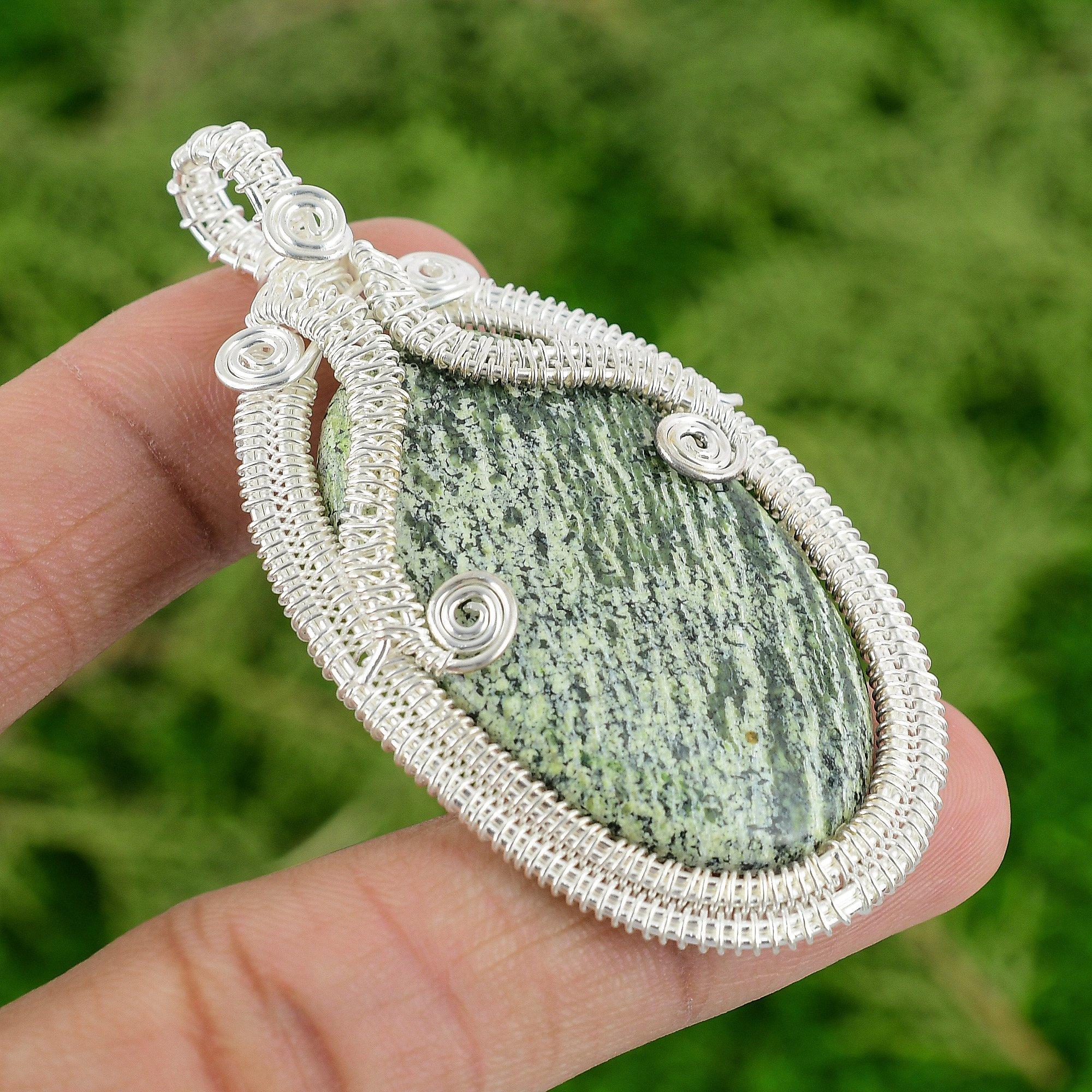 Sterling Silver Oval Green Swiss Opal Gemstone Bezel Wife Wire Wrapped Pendant