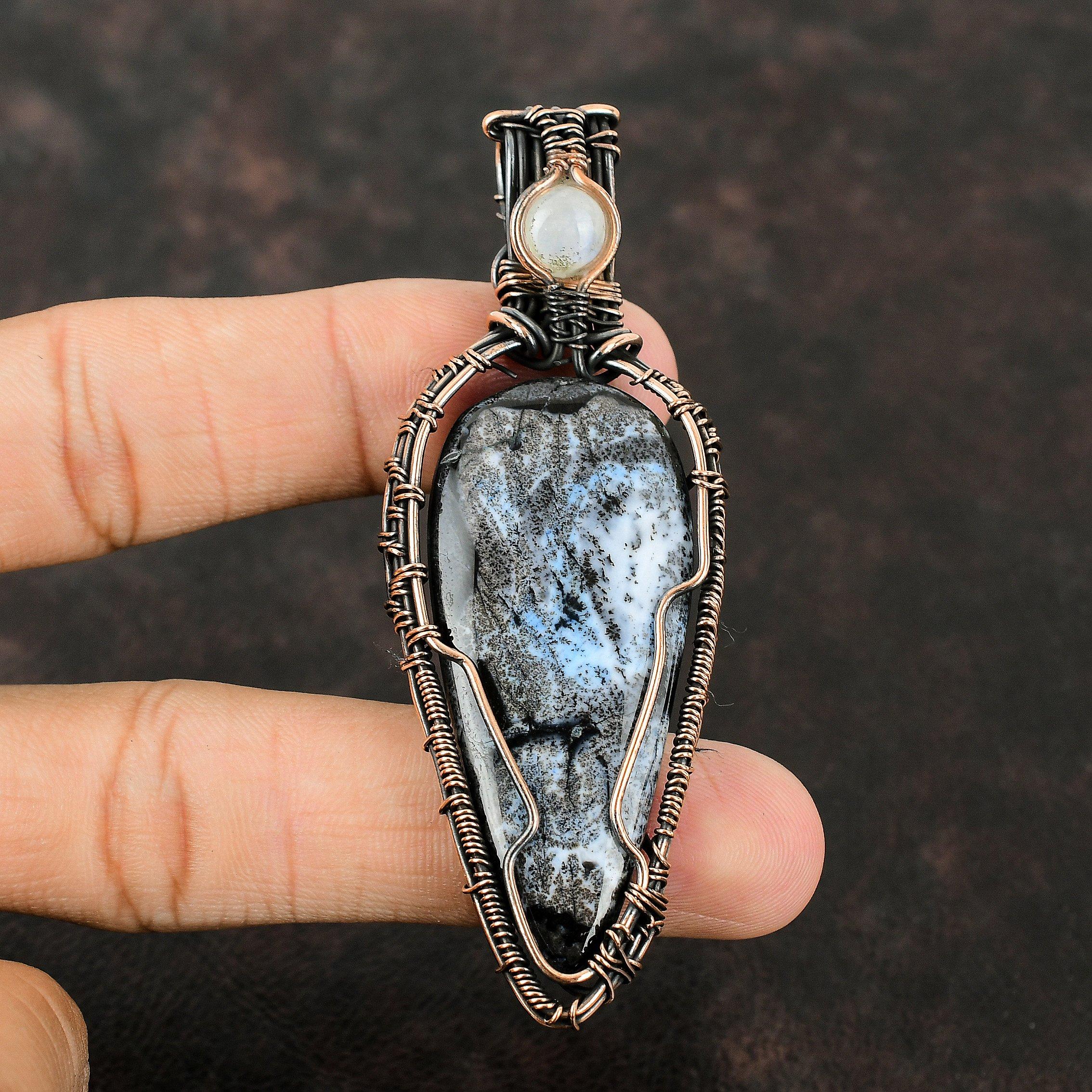 Blue Dendrite Opal Gemstone Pendant Copper Wire Wrapped Pendant Moonstone Pendant Gift For Her Handmade Copper Pendant Wire Wrapping Jewelry