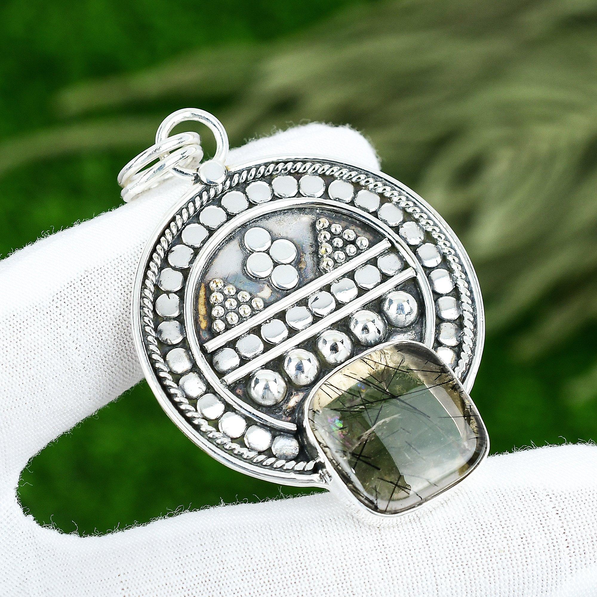 Memorial Day Sale Natural Black Rutile Daughter Handcrafted Pendant 925 Silver