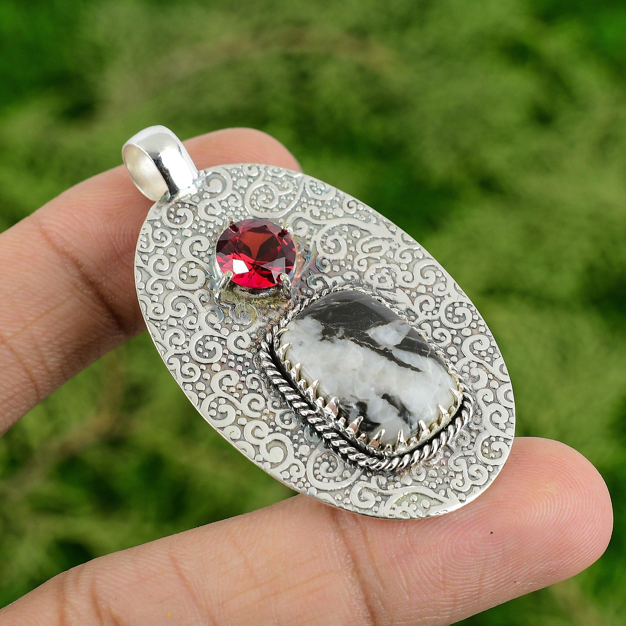 Daughters Day Sale Natural Zebra Jasper Rubellite Engagement Pendant 925 Silver