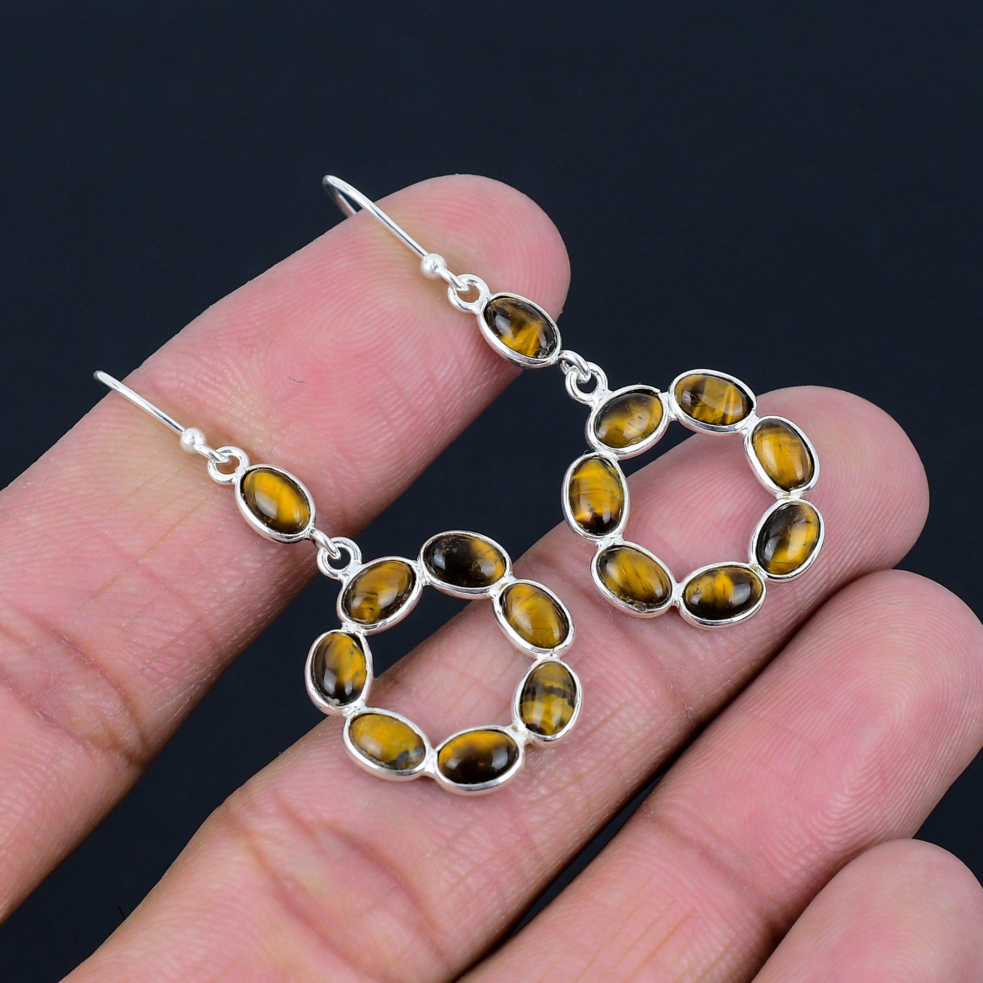 Tiger Eye Gemstone Earrings Solid 925 Sterling Silver Handmade Earrings Jewelry Gift For Women And Girls E-1678
