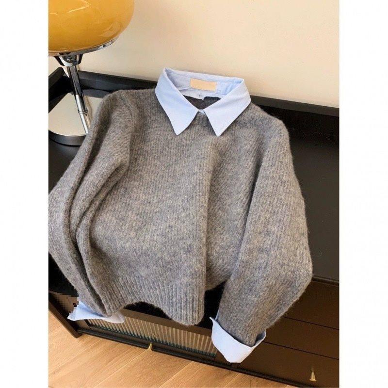 Fake Two Shirts Sweater Collar, Lazy Autumn and Winter Base Gray Knit Sweater Top Knitted