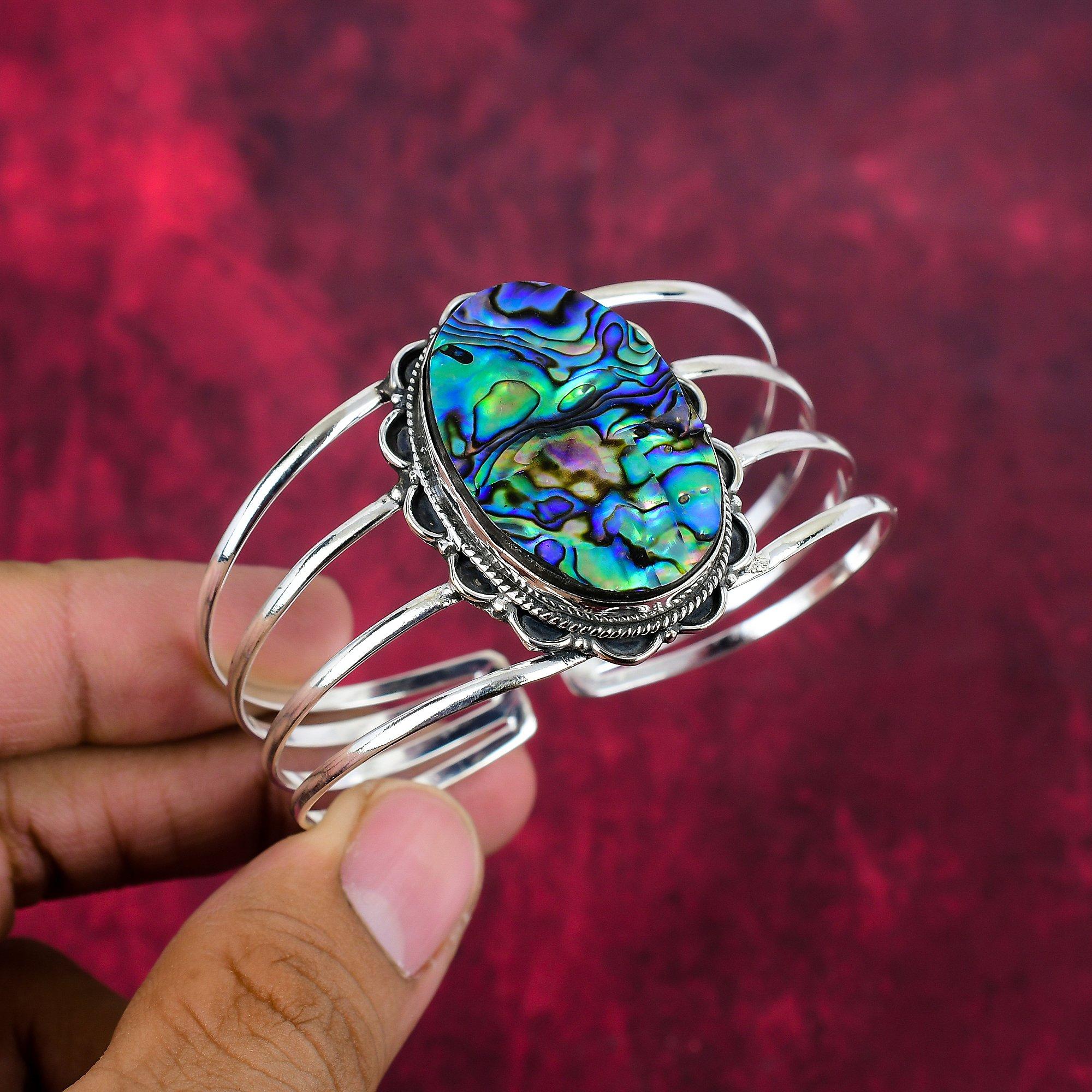 Abalone Shell Bangle 925 Solid Sterling Silver Jewelry, Handmade Gemstone Bangle Jewelry, For Wedding Gift