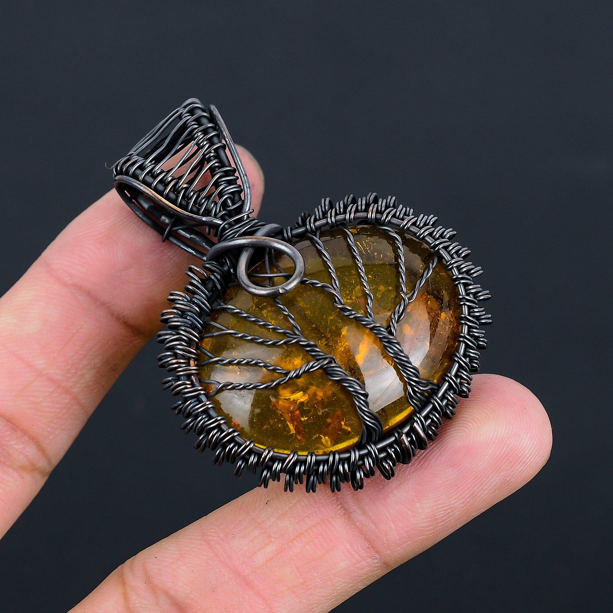 Double Tree Of Life Baltic Amber Gemstone Copper Wire Wrap Handmade Jewelry Pendant For Women
