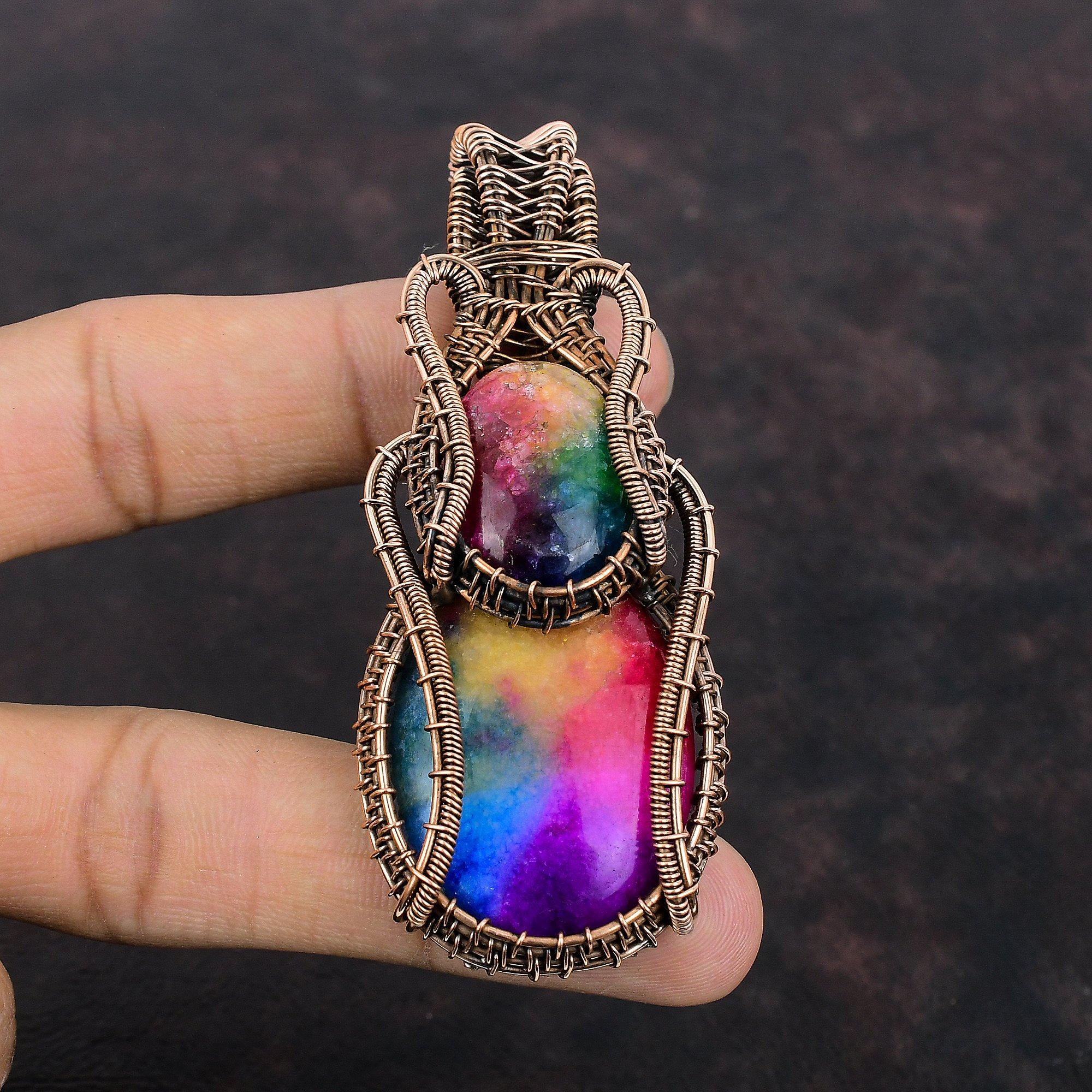 Rainbow Solar Quartz Druzy Pendant Copper Wire Wrapped Pendant Gemstone Copper Jewelry Handmade Pendant Gift For Mother Wire Wrapped Jewelry
