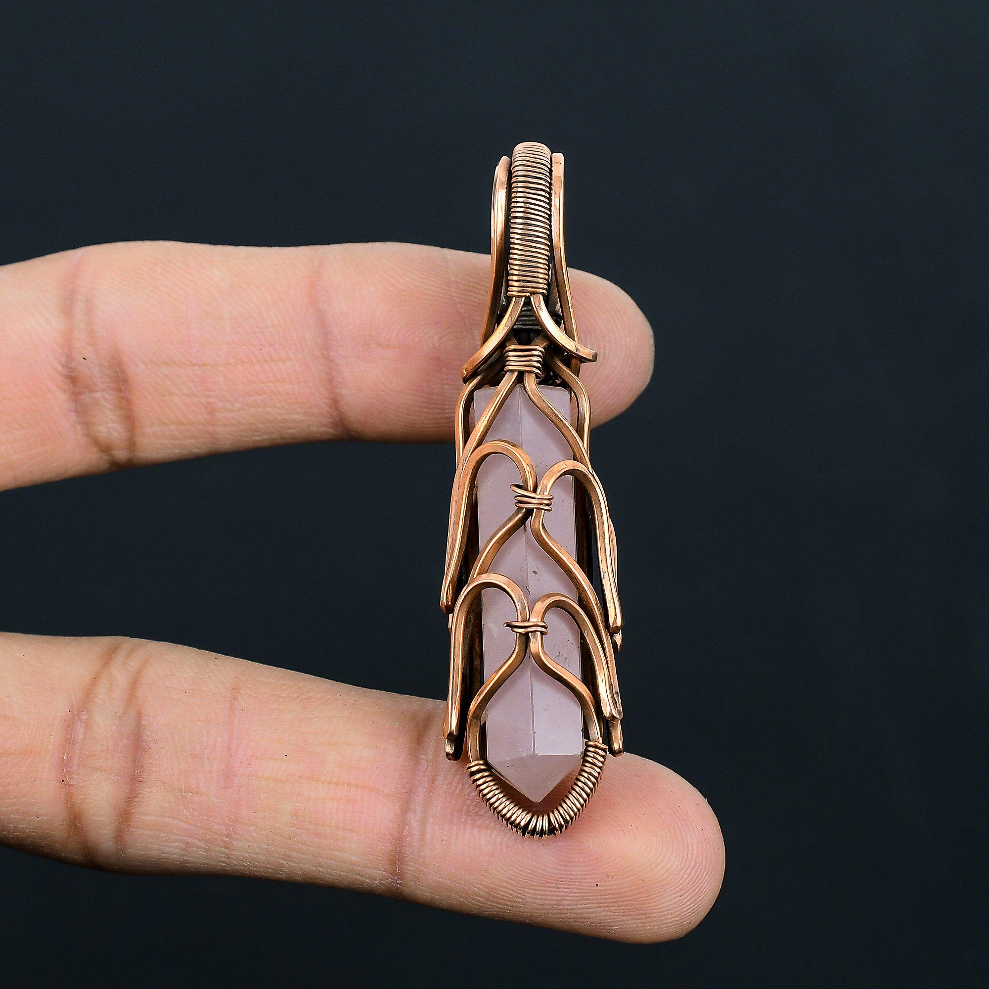 Unique Rose Quartz Gemstone Handmade Pure Copper Wire Wrap Healing Crystal Pencil Jewelry Pendant