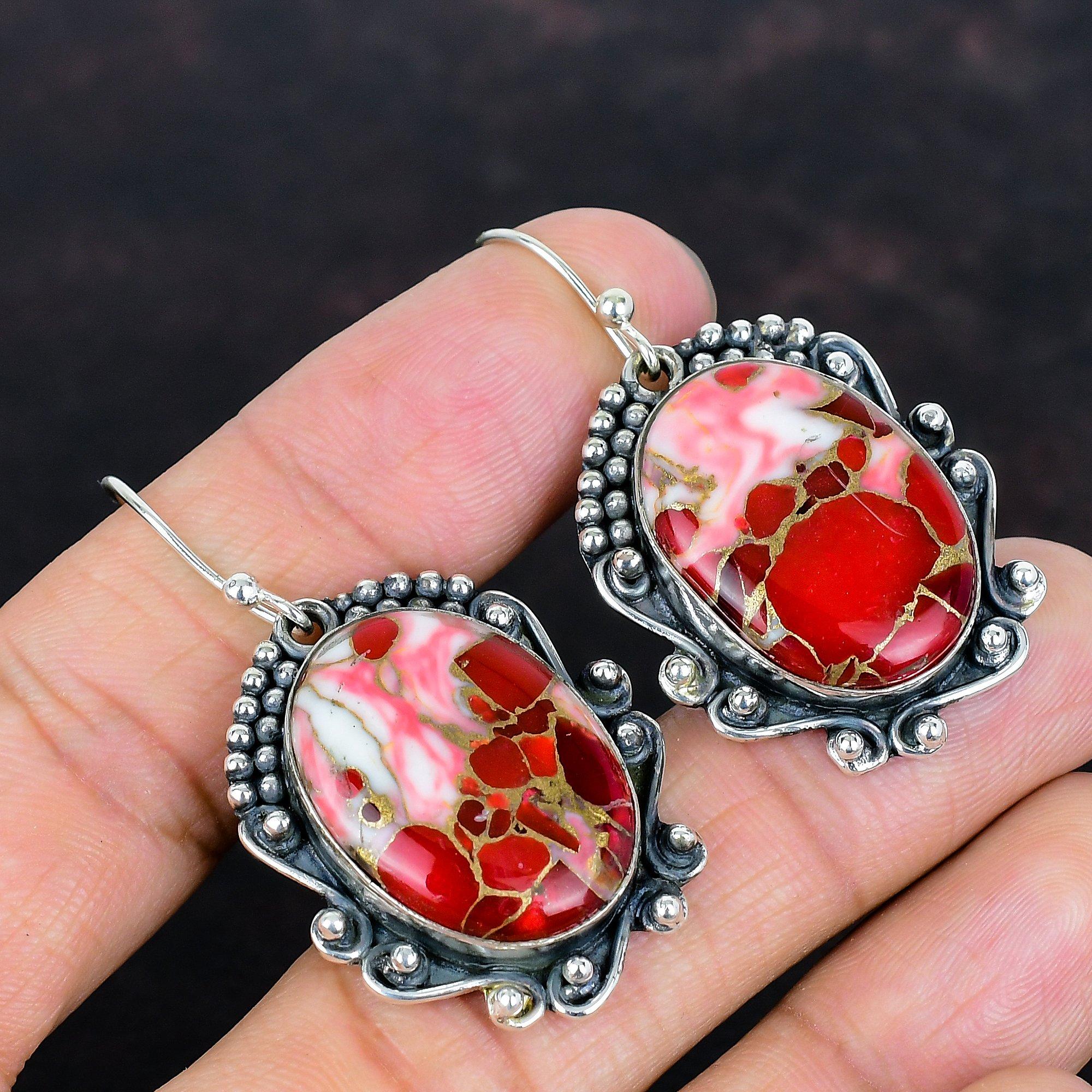 Kingman Red Mohave Copper Turquoise Earrings 925 Sterling Silver Earring Handmade Gemstone Drop Earring Unique Design Jewelry Wedding Gifts