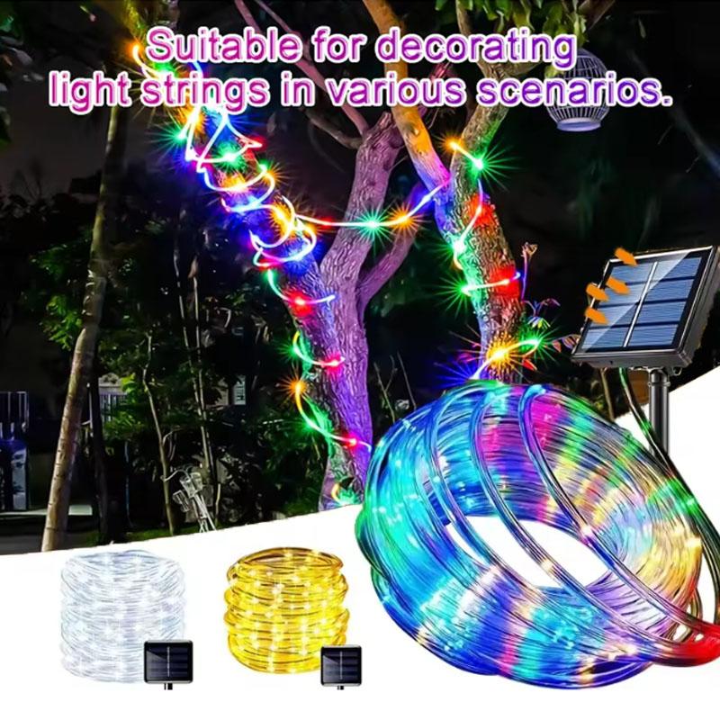 7M/12M Solar Tube Rope Lights Outdoor Waterproof LED String Fairy Strip 8 Modes for Garden Wedding Christmas Tree Fence Decoration