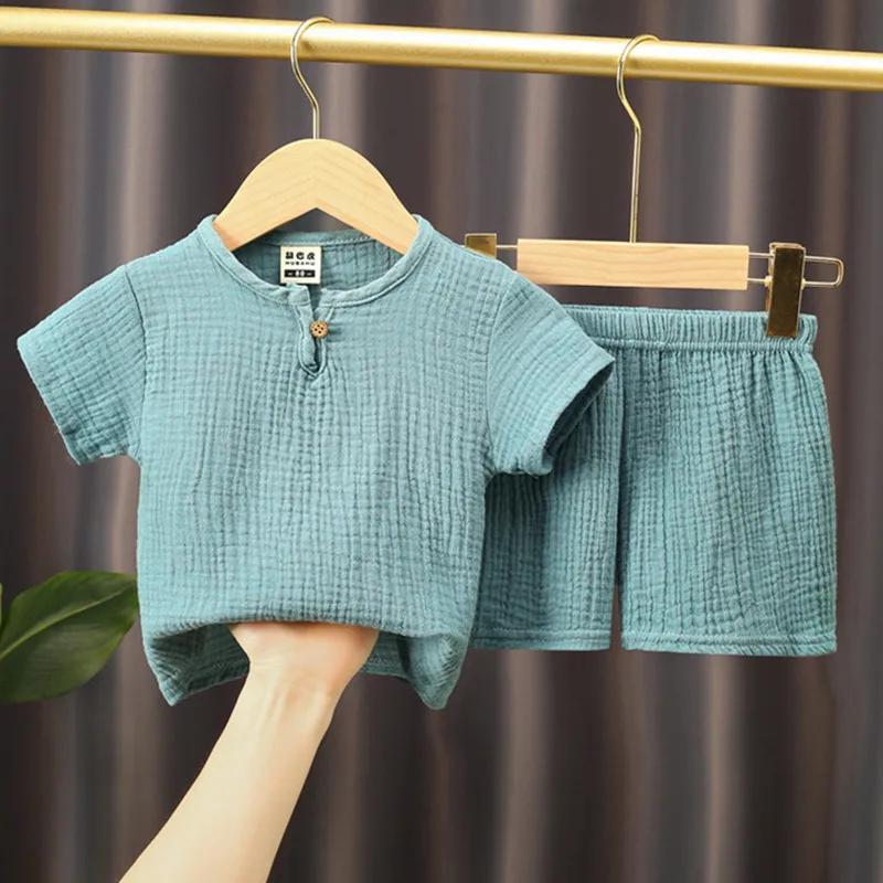 0-5Y Gutter Jenter Klærsett Sommer Solid T-skjorter i bomullslin+elastisk shorts Barneklær Uformelle klessett for barn
