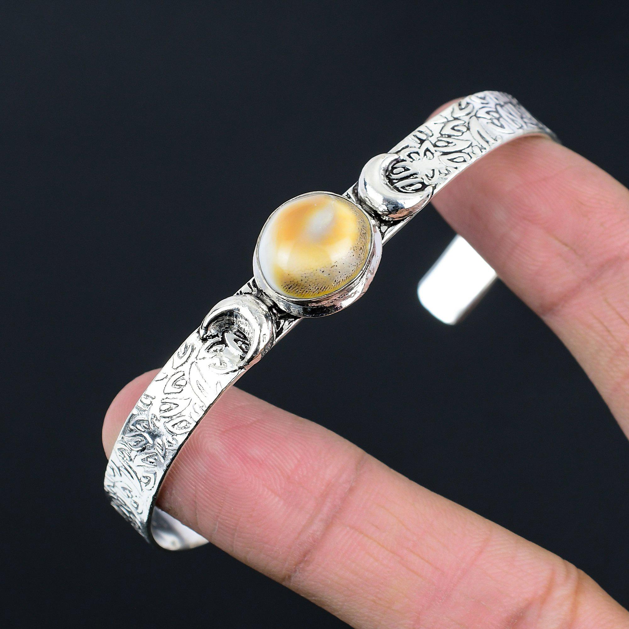 Pierre Gemme Coquille Œil de Shiva Argent Sterling Fiançailles Lune Croissante Mariage Bracelet Rigide