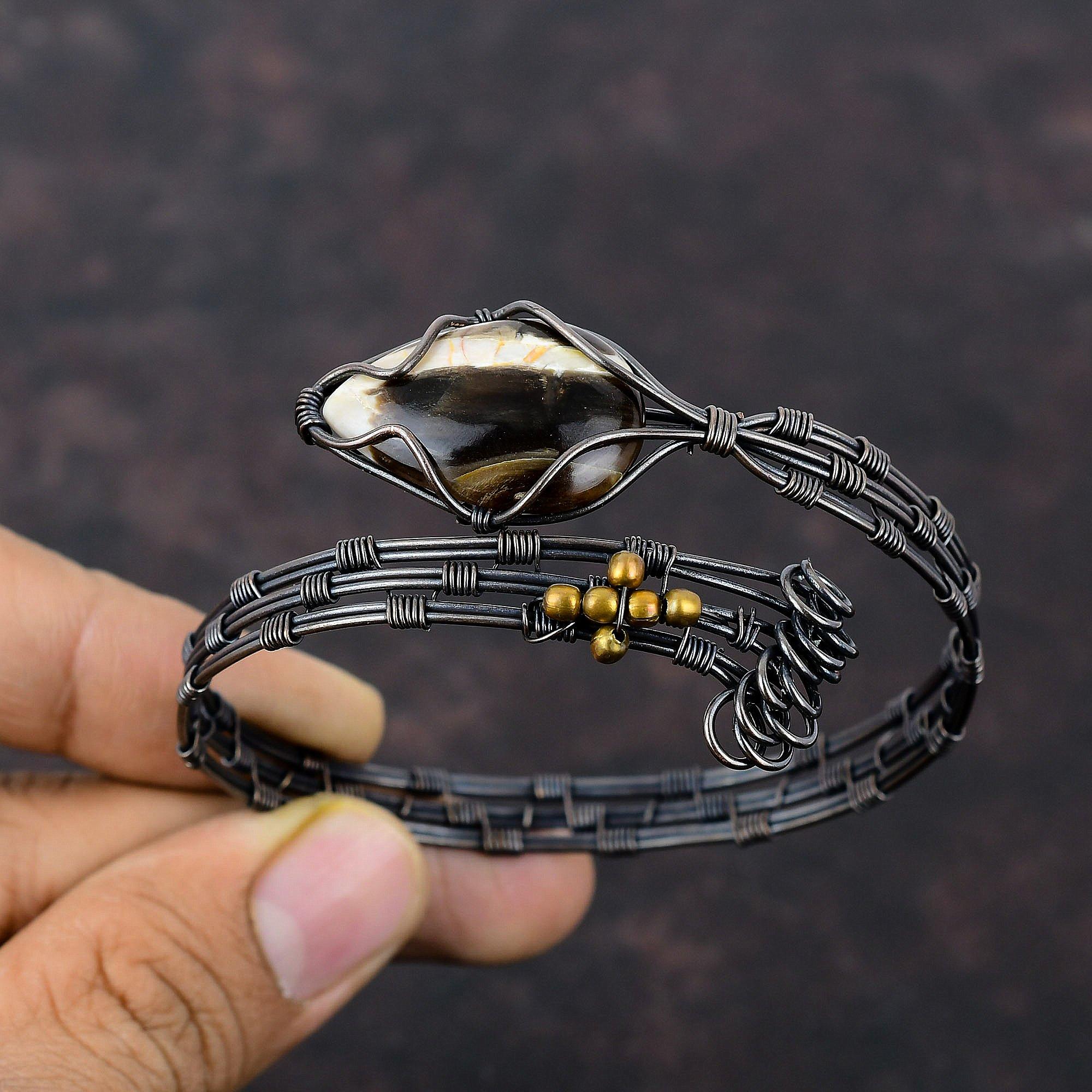 Peanut Wood Jasper Bangle Copper Wire Wrapped Adjustable Cuff Bracelet Unique Copper Wire Wrap Jewelry Handmade Gemstone Bangle Wedding Gift