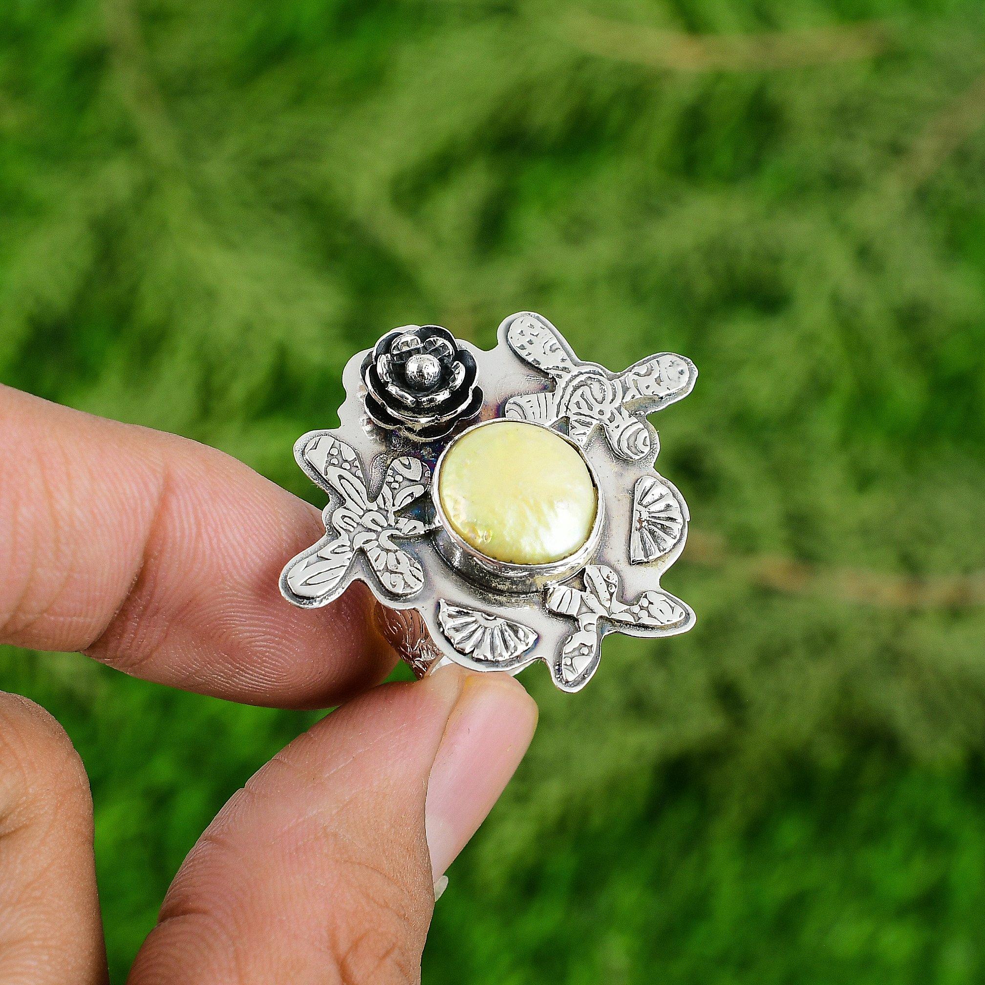 Gift For Her Natural Biwa Pearl Promise Flower Adjustable Ring 925 Silver