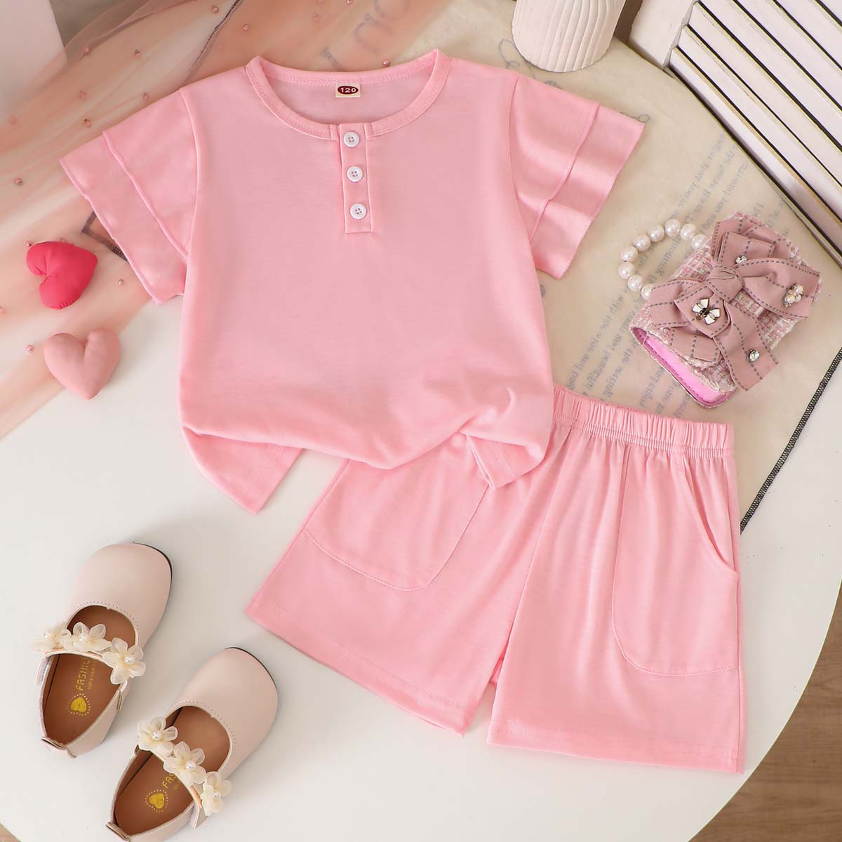 Girls 2 Piece Outfit 1-8Y Pink Sleeveless Tank Top with Striped Shorts Set Kids Summer Floral Clothing Sets