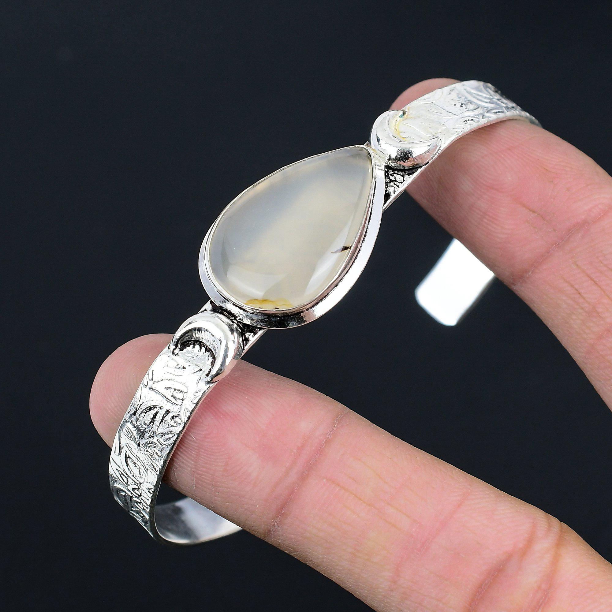 Bracelet en Argent Sterling 925 avec Pierre Précieuse Agate Montana en Forme de Poire Nouveau Croissant de Lune Bijoux