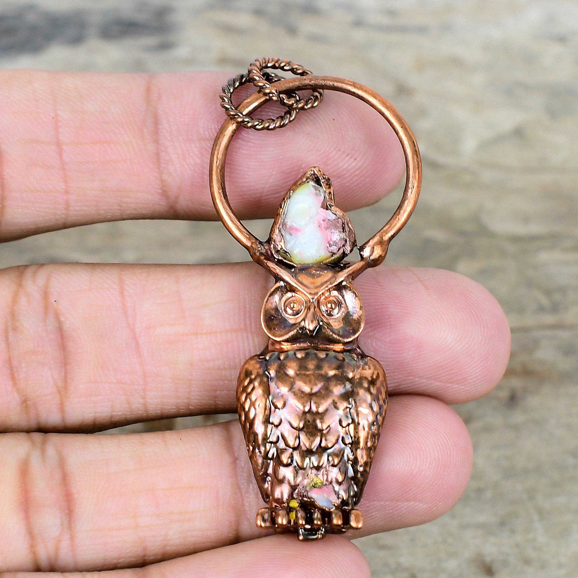 Ethiopian opal pendant electroformed copper pendant handmade jewelry gemstone pendant owl design pendant electroformed jewelry gifts for him