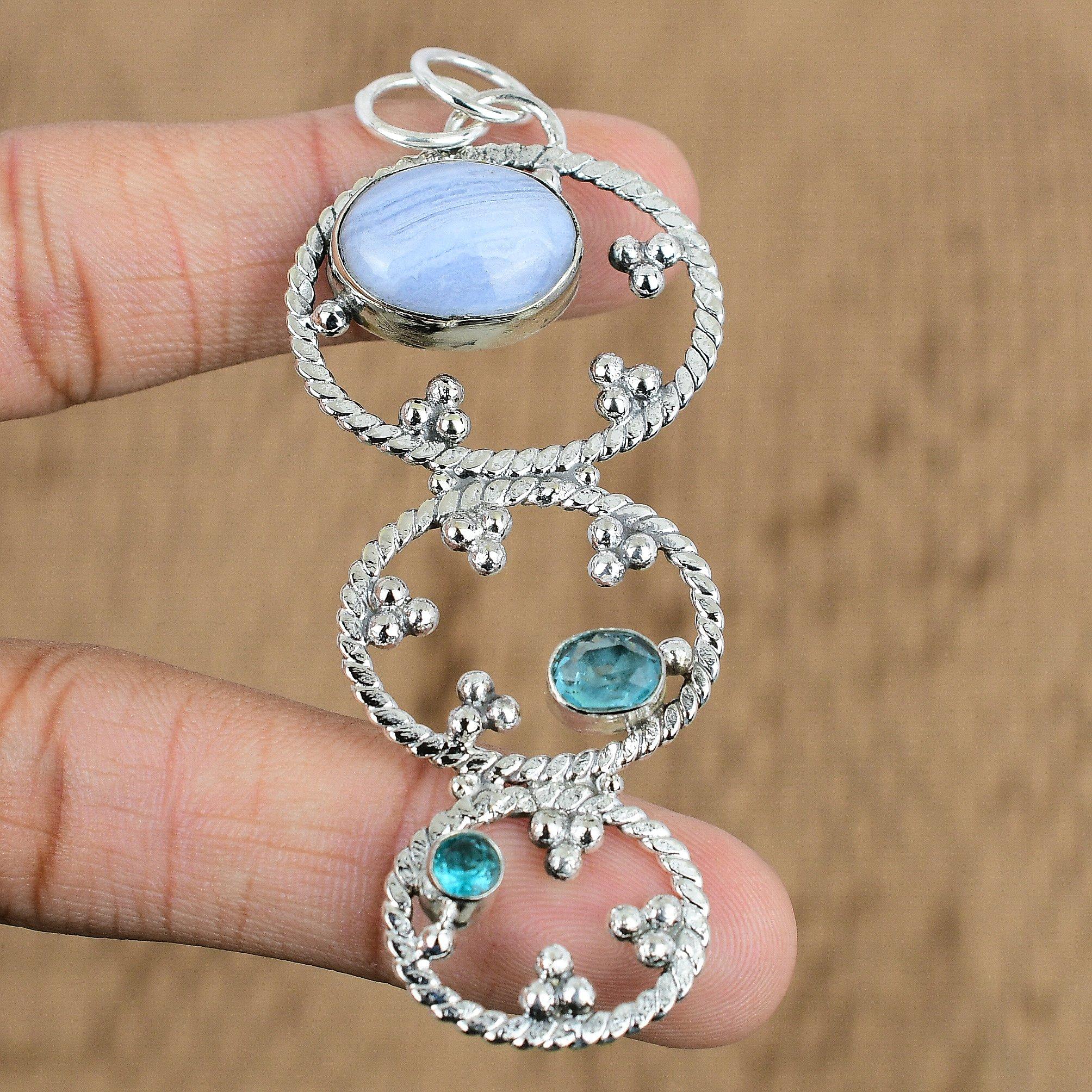 Womens day Deal Oval Blue Lace Agate Stone 925 Silver Sister Handcrafted Pendant