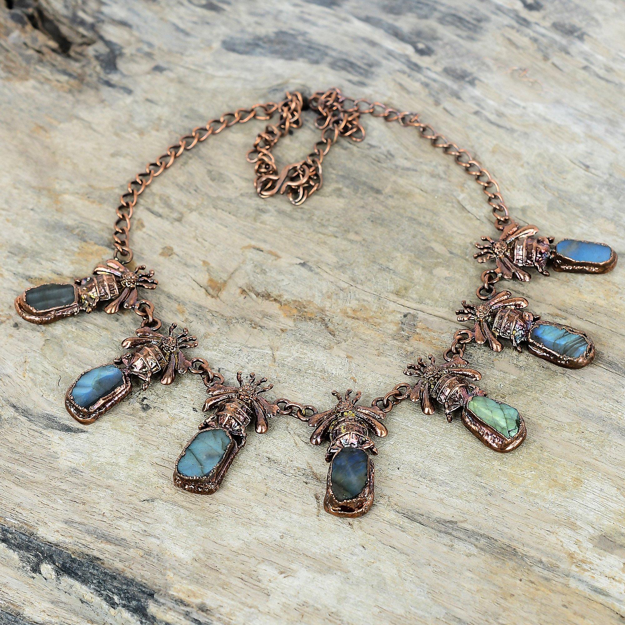 Labradorite Rough Gemstone Necklace Electroformed Copper Adjustable Chain Necklace Handmade Copper Jewelry Honey Bee Necklace Gifts for Mom