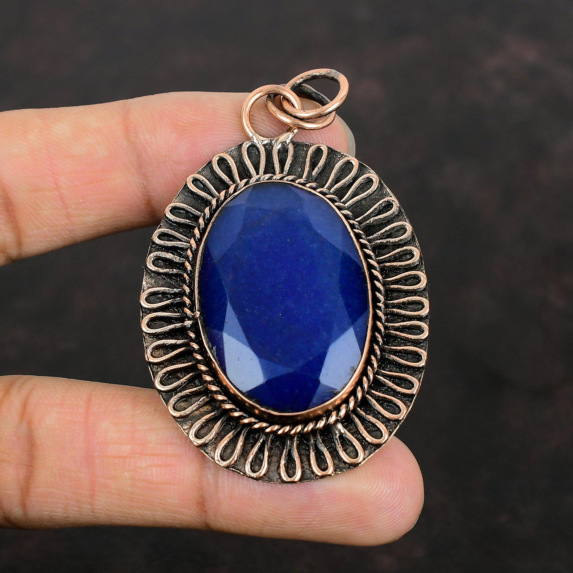 Faceted Blue Sapphire Pendant Copper Pendant Natural Gemstone Jewelry Unique Pendant Handmade Decent Pendant Copper Jewelry Gifts For Mother
