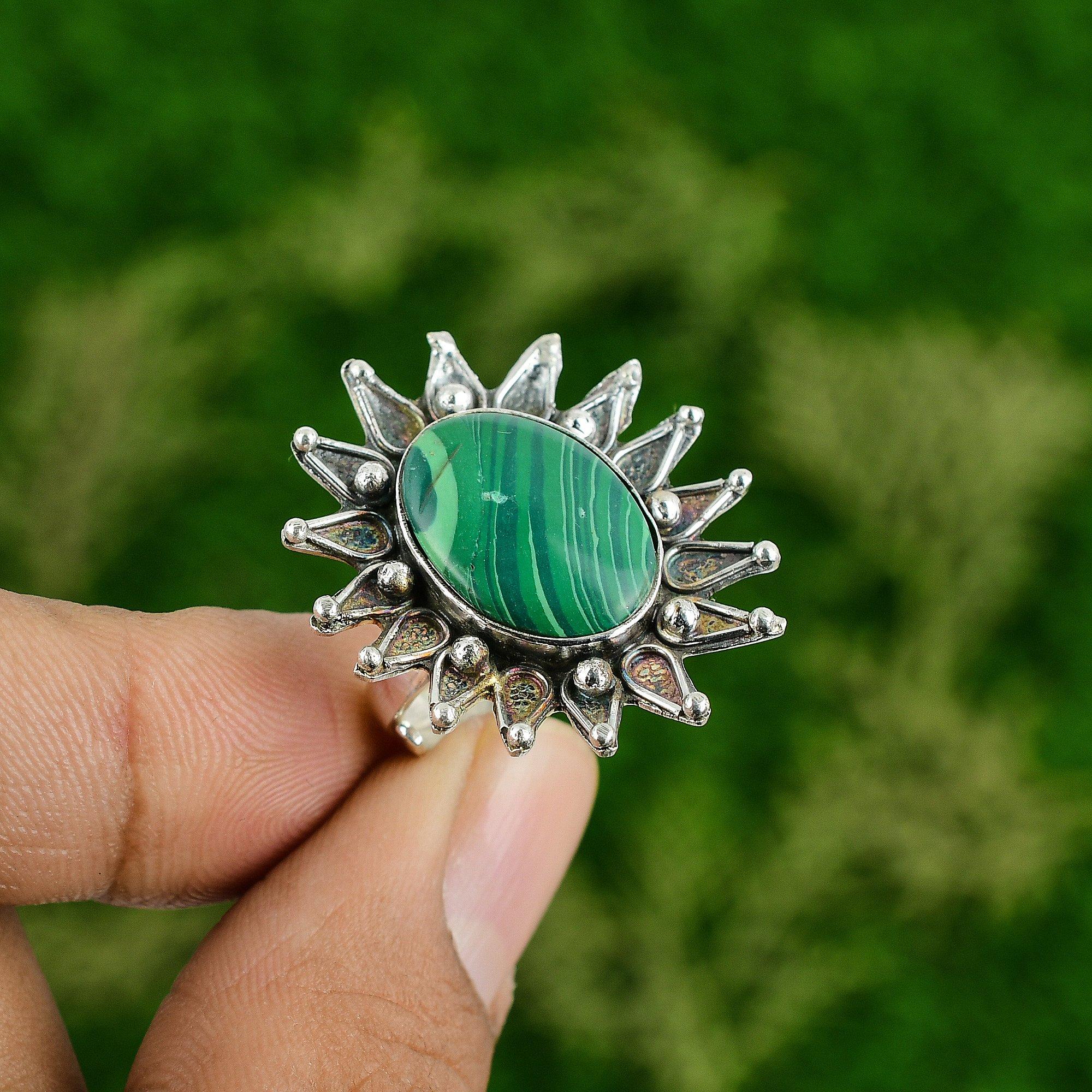Sterling Silver Russian Malachite Stone Daughter Statement Flower Ring Jewelry
