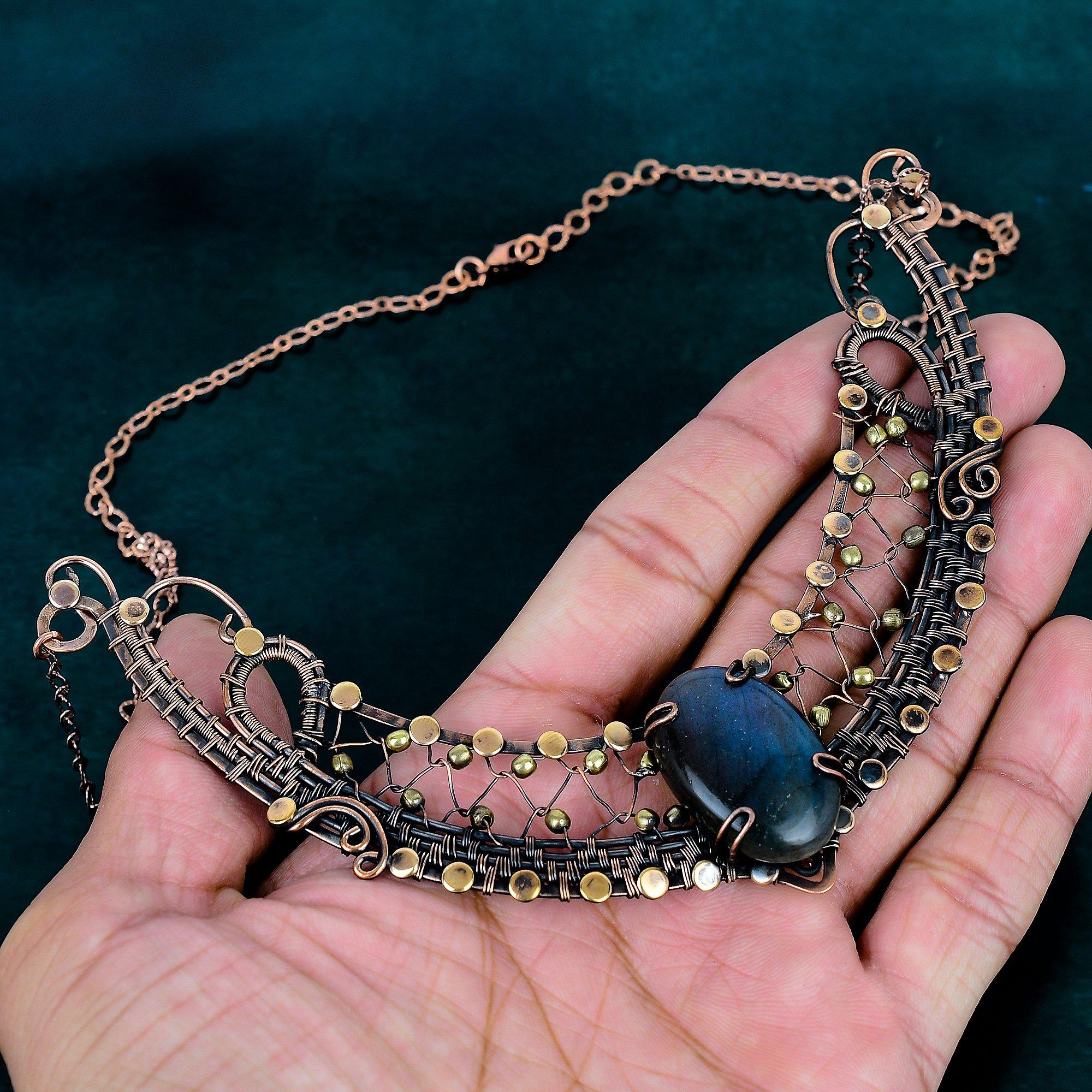 Labradorite Necklace Handmade Copper Wire Wrapped Natural Gemstone Necklace Jewelry Wonderful Antique Chain Necklace Anniversary Gift