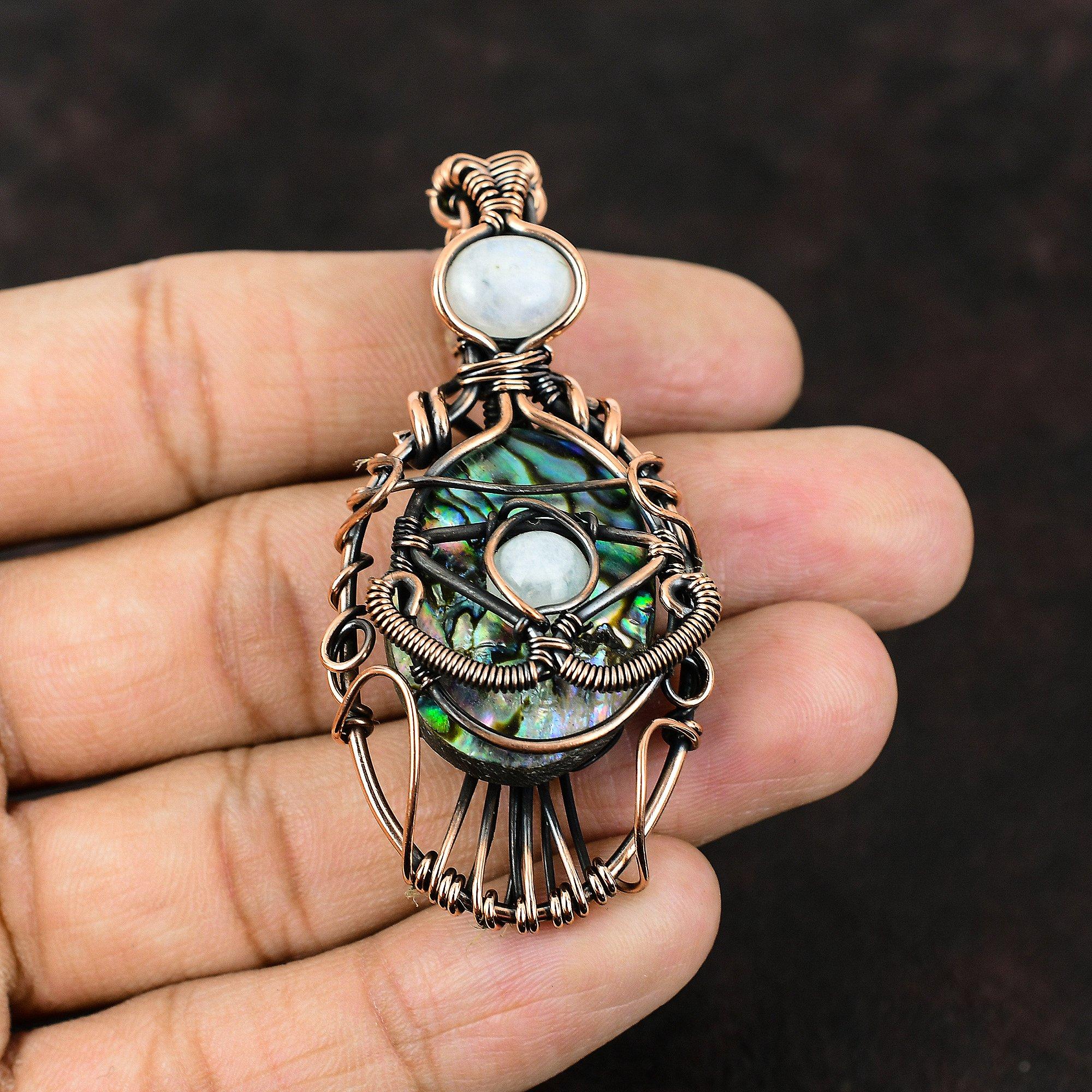 Evil Eye Abalone Shell Copper Wire Wrapped Pendant Rainbow Moonstone Gemstone Copper Jewelry Handmade Pendant Gift For Him Evil Eye Jewelry