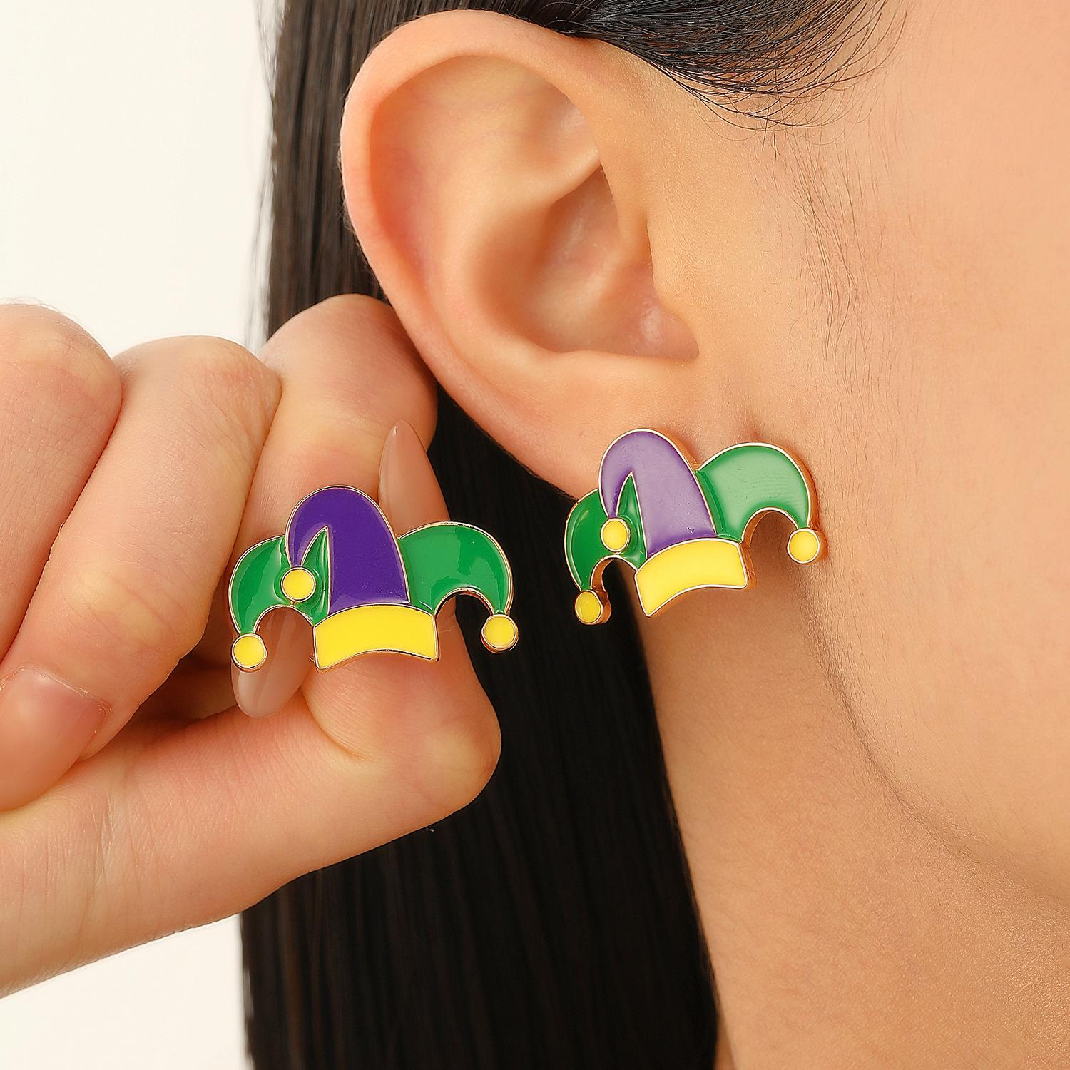 Brazil Carnival Tricolor Clown Hat Crown Earrings Dripping Oil Earrings For Women
