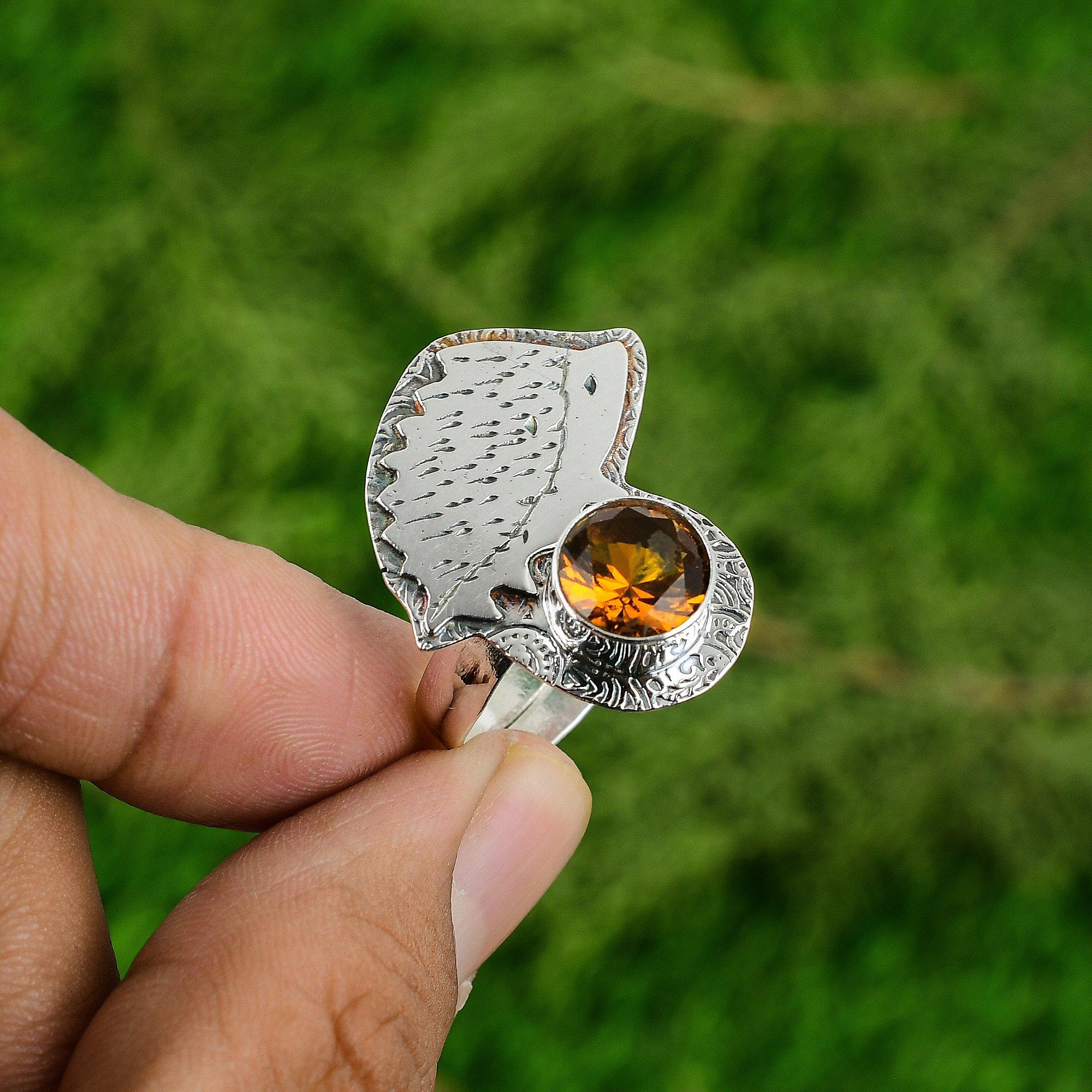 Round Natural Citrine Stackable Statement Handcrafted Wife Ring Sterling Silver