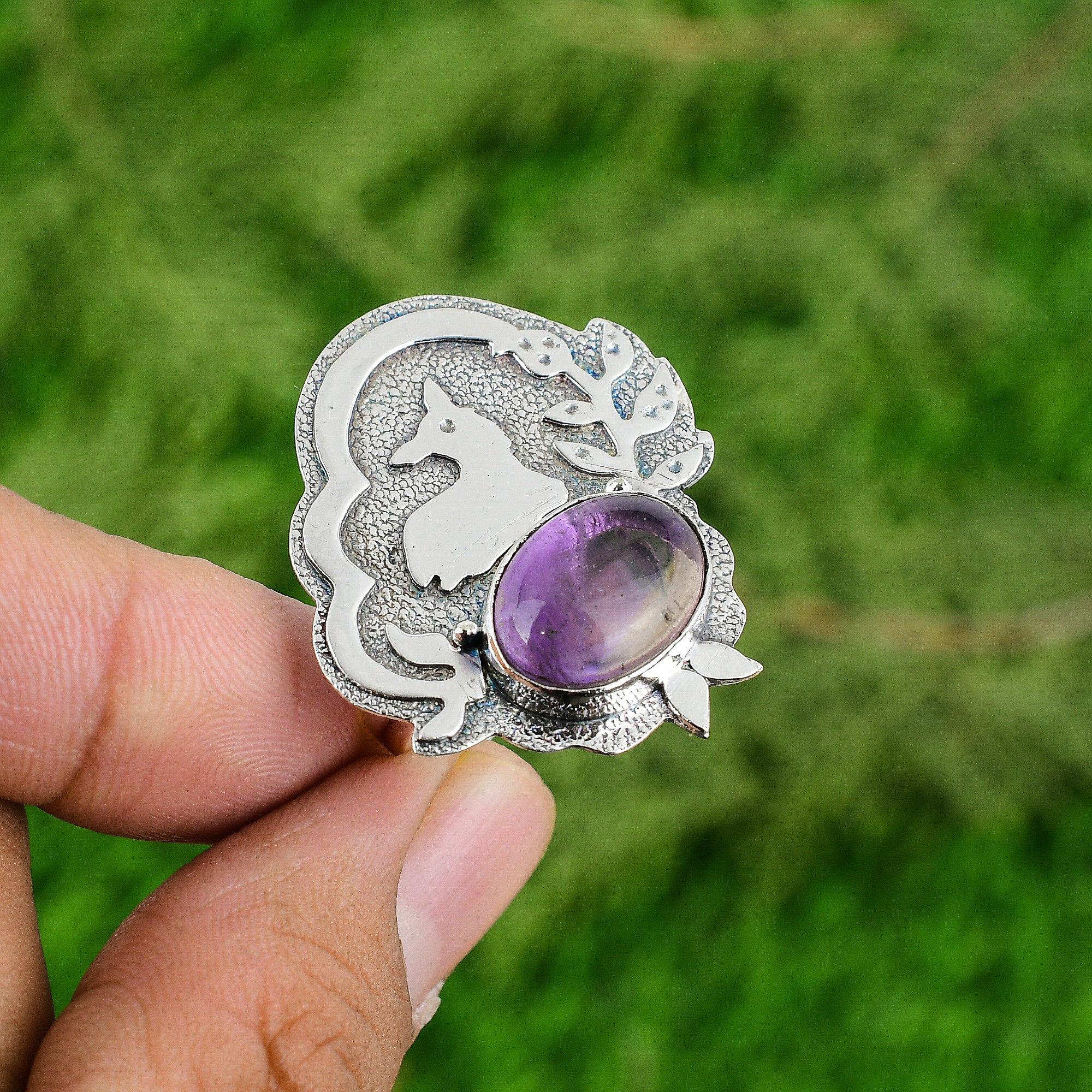 925 Silver Oval Natural African Amethyst Art Deco Statement Stackable Bezel Ring