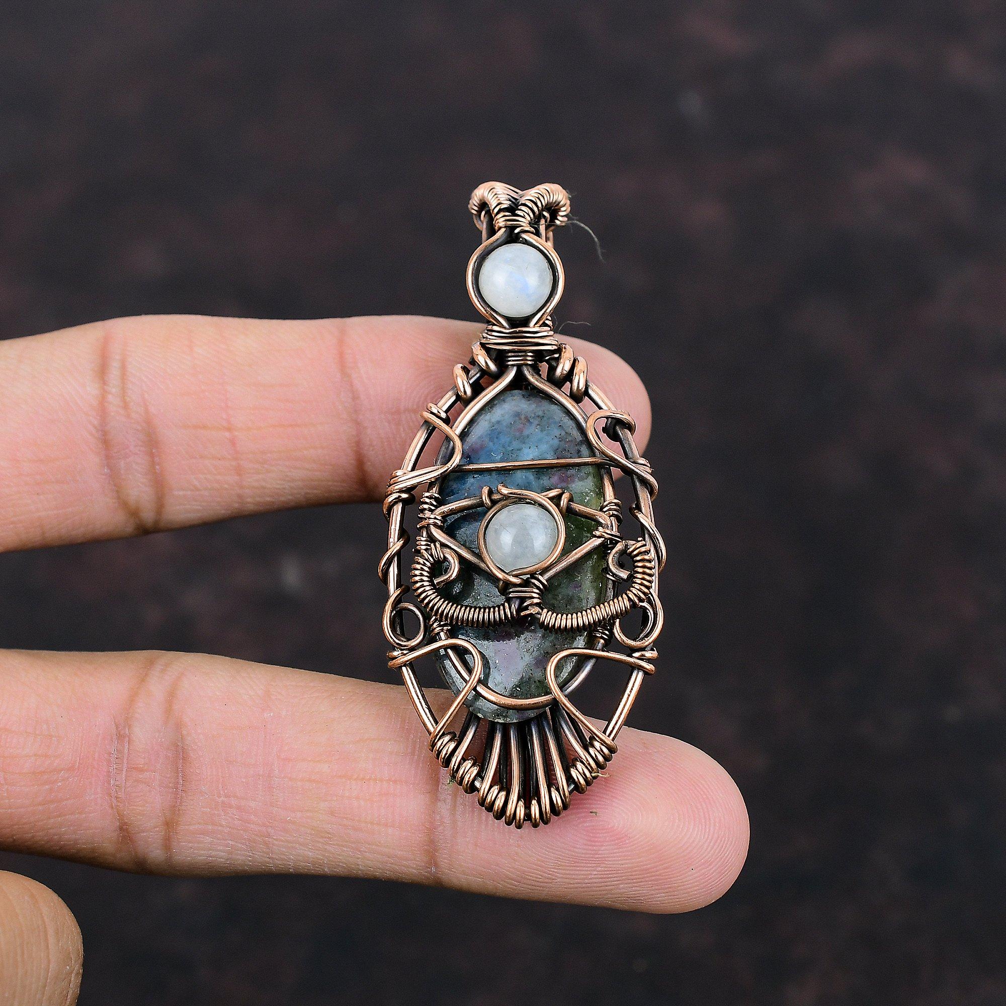 Evil Eye Ruby In Blue Kyanite Pendant Copper Wire Wrapped Pendant Rainbow Moonstone Gemstone Jewelry Handmade Evil Eye Jewelry Gift For Wife
