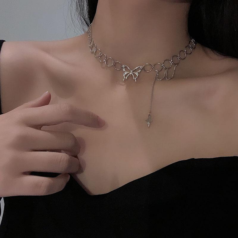 Charms cu ciucuri inimă colier choker femei de culoare argintie lanț pandantiv pe gât bijuterii