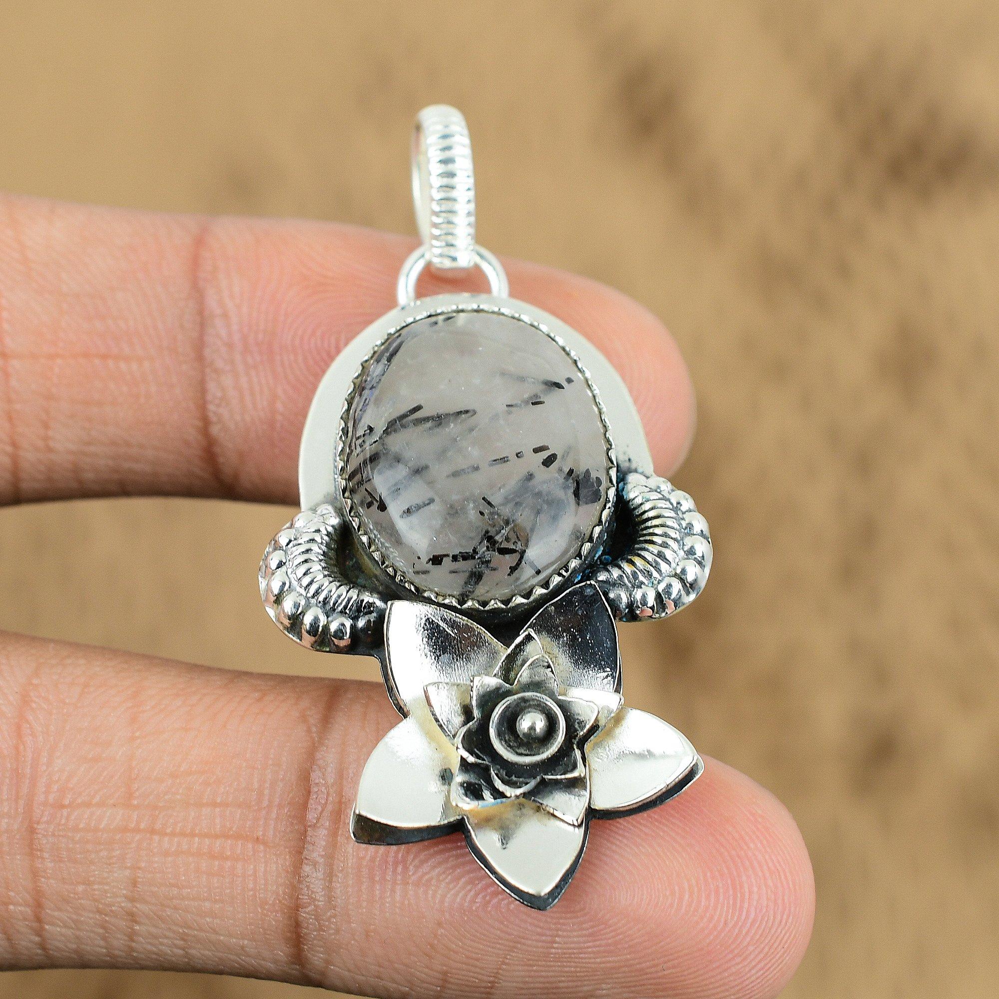 Mothers day Deal 925 Sterling Silver Natural Black Rutile Flower Wife Pendant