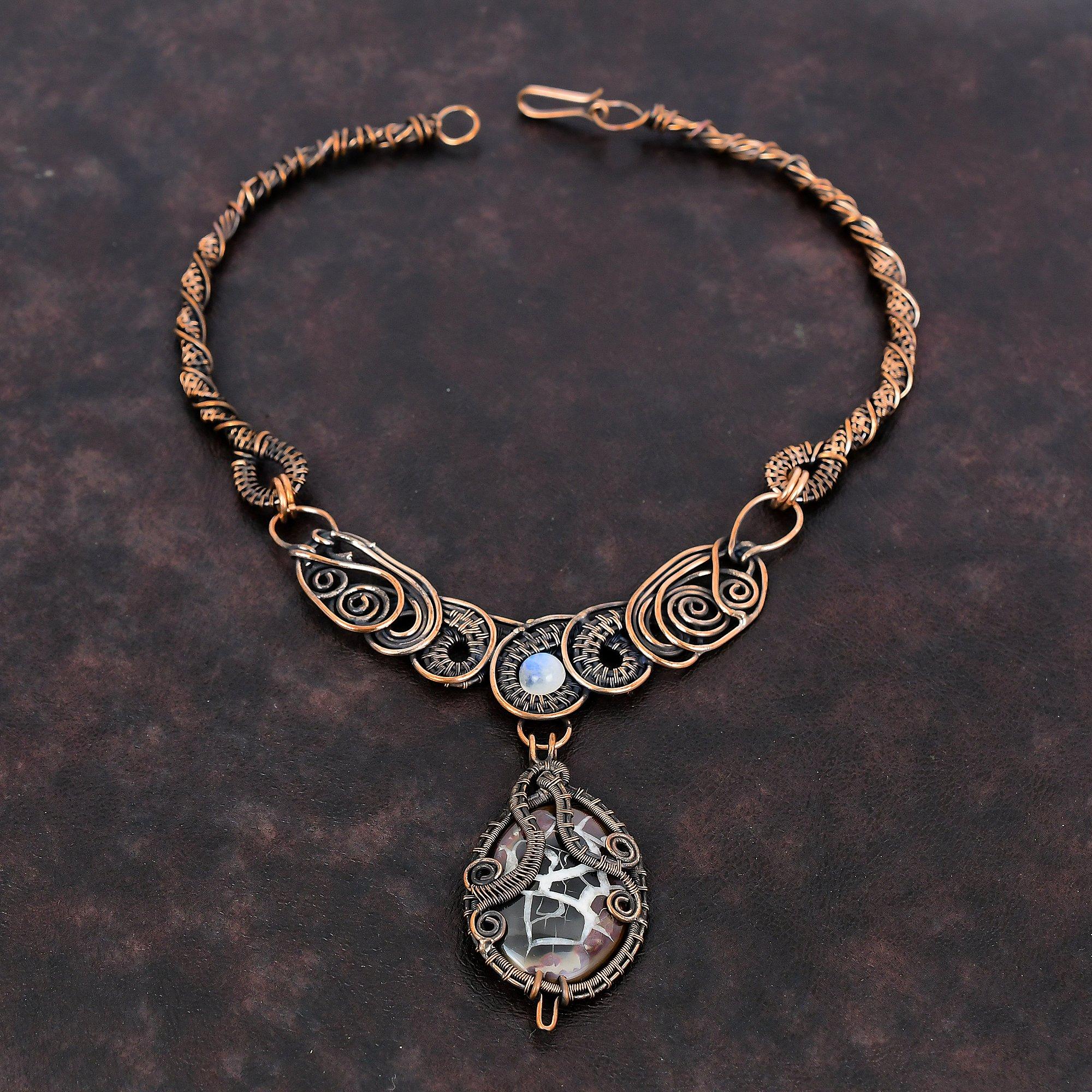 Moroccan Mud Crack Fossil Necklace Copper Wire Wrapped Necklace Handmade Gemstone Jewelry Moonstone Necklace Anniversary Gift Copper Jewelry