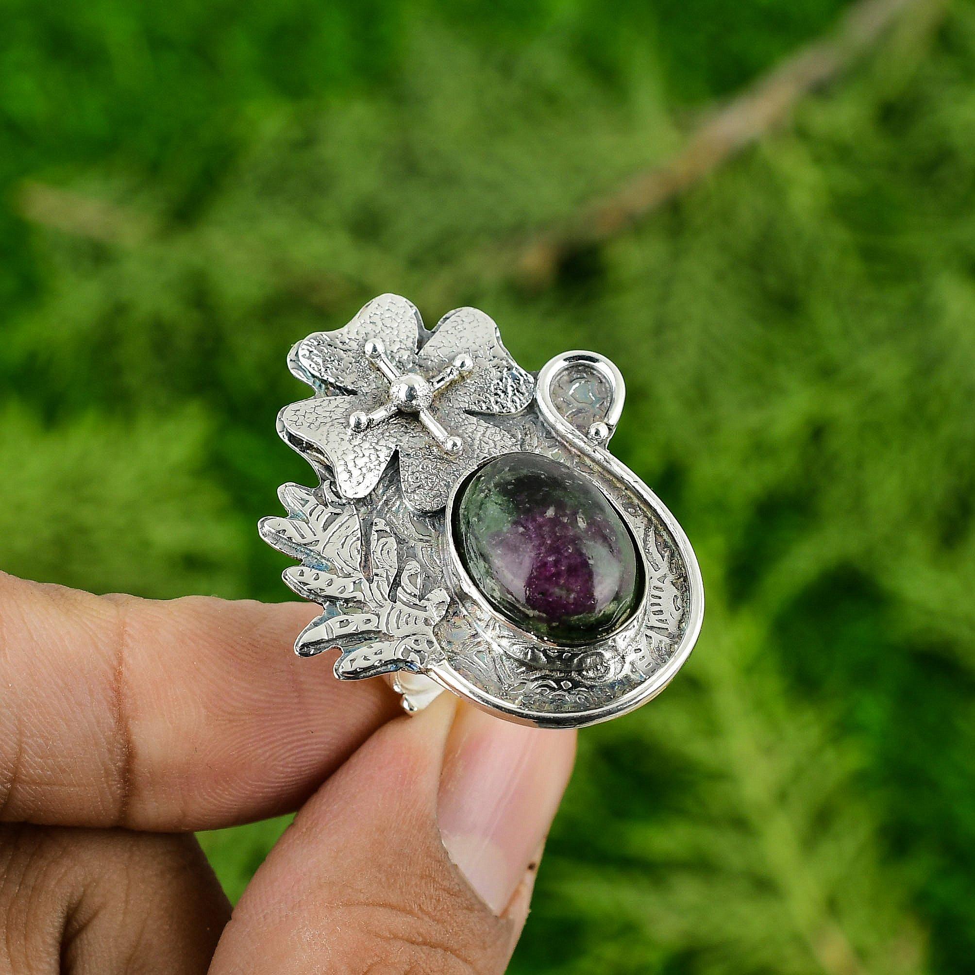 Ruby Zoisite Gemstone Promise Flower Stackable Ring Jewelry 925 Sterling Silver