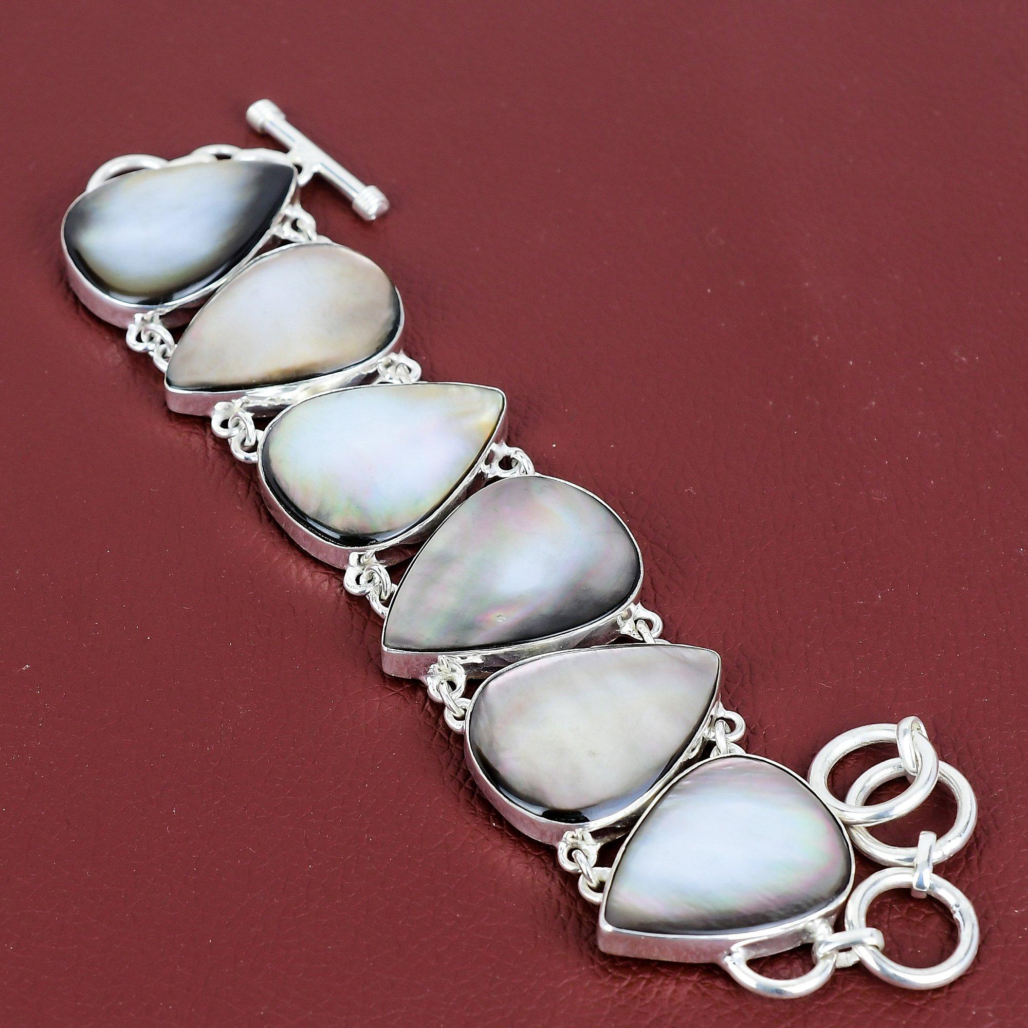 Black mother of pearl bracelet 925 sterling silver bracelet adjustable chain gemstone bracelet silver jewelry handmade bracelet gift for mom