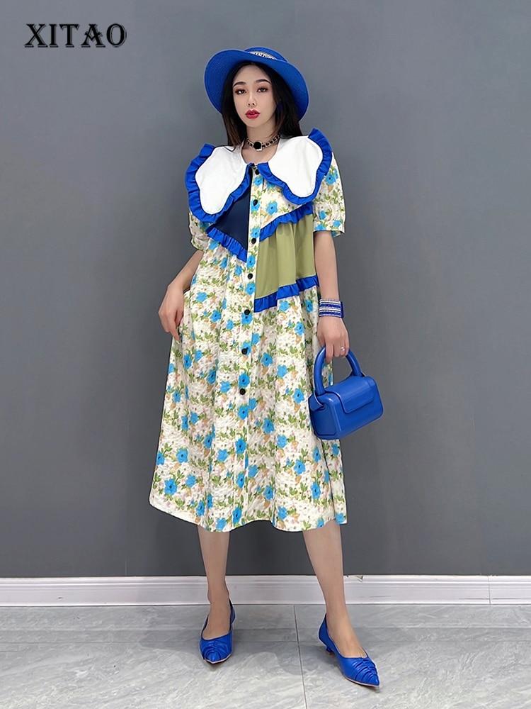 Xitao Francouzské šaty s květinovým potiskem Módní nepravidelné Kontrastní barvy Patchwork s jedlými houbami Stromové ucho Peter Pan límec Dámské ZY7161