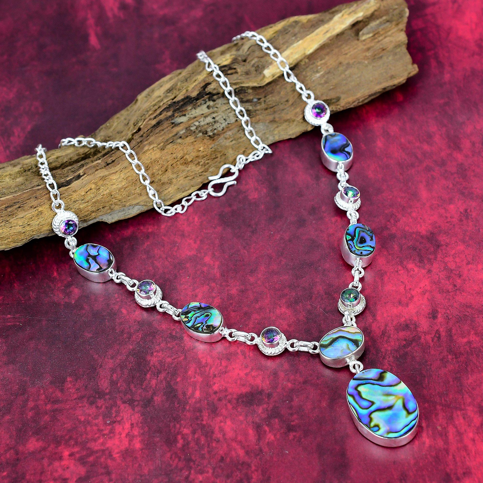 Abalone-Muschel & Mystische Halskette 925 Massiv Sterlingsilber Verstellbare Kettenhalskette Geschenk für Frauen, Handgefertigte Edelstein-Schmuck-Halskette