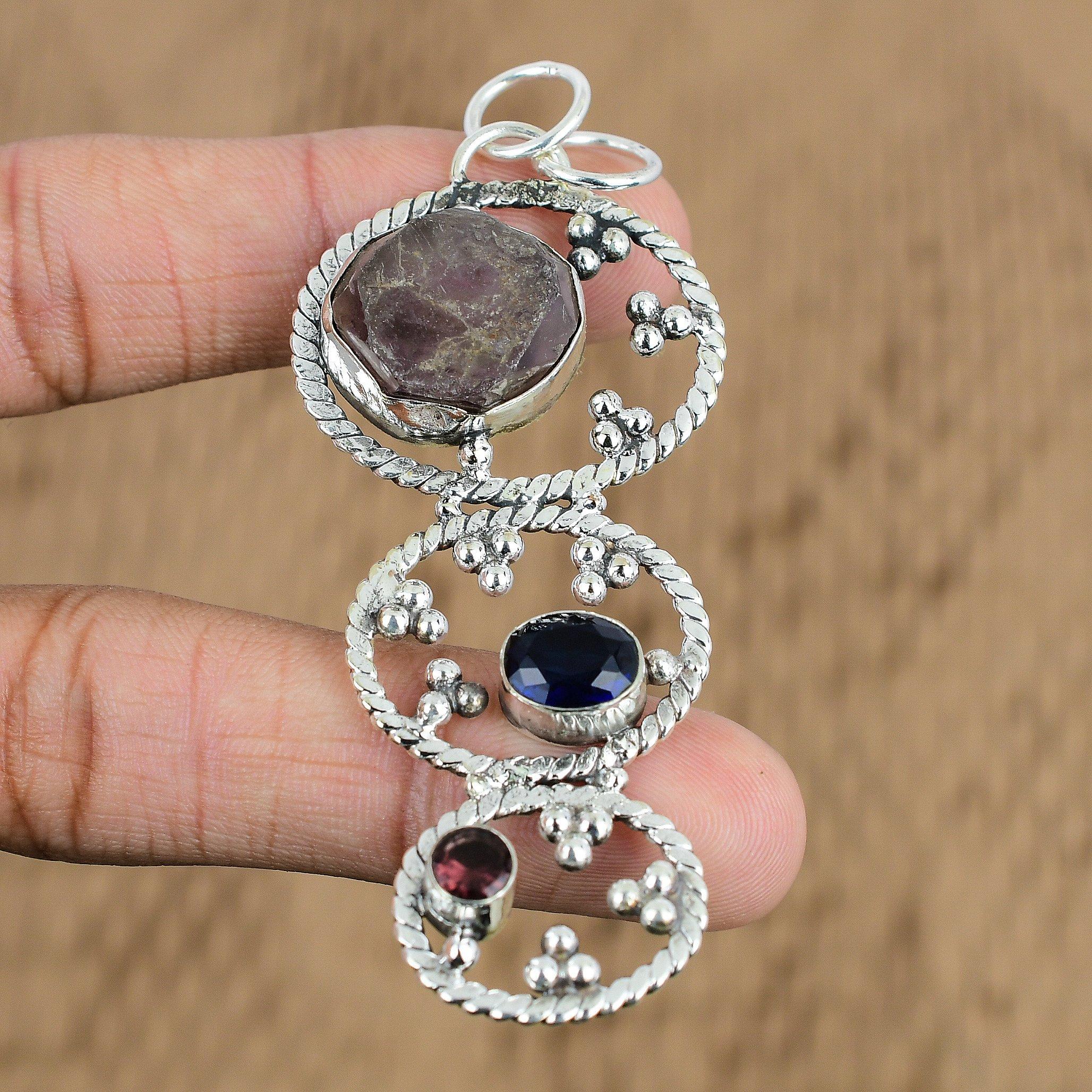 Oval African Amethyst Rough Gemstone Tanzanite Quartz Sterling Silver Pendant