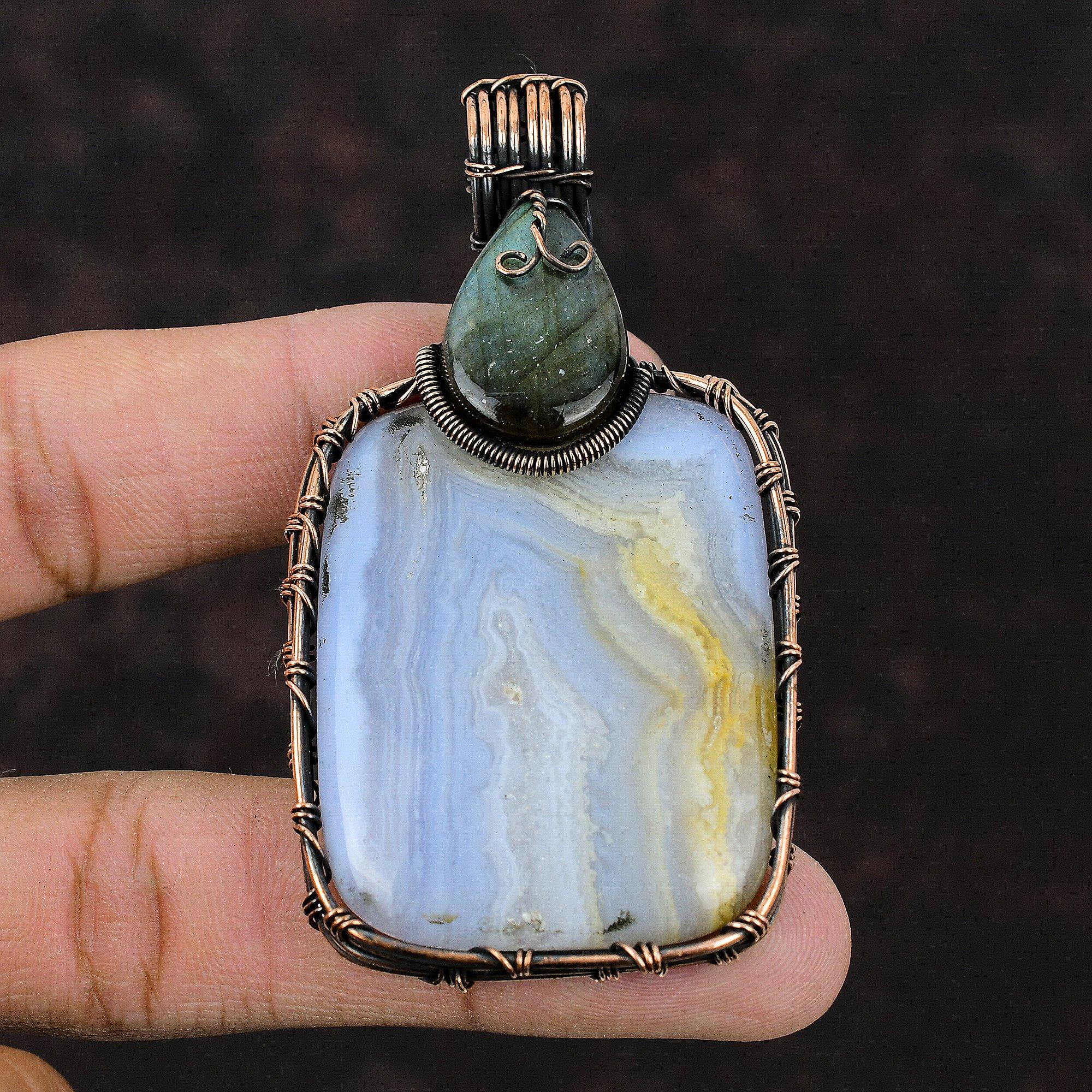 Blue Lace Agate Pendant Labradorite Pendant Copper Wire Wrapped Pendant Handmade Jewelry Gift For Him Gemstone Wire Pendant Wrapped Jewelry