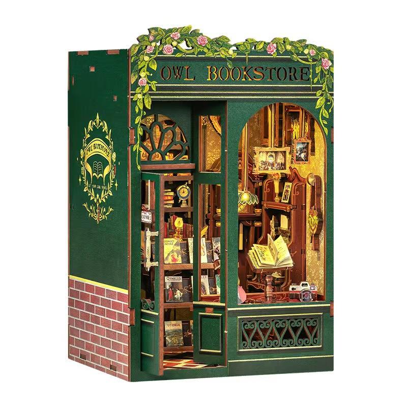 DIY Book Nook Kit Miniature Wooden Dollhouse with Lights Bookshelf Insert 3D Puzzle Model Owl Bookstore Gifts