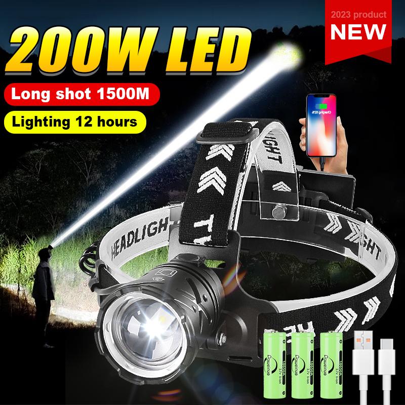 Powerful Headlamp 200W LED Headlight Zoomable Head Light Waterproof Lantern Warning Light Adjustable Light Rechargeable Head Lamp